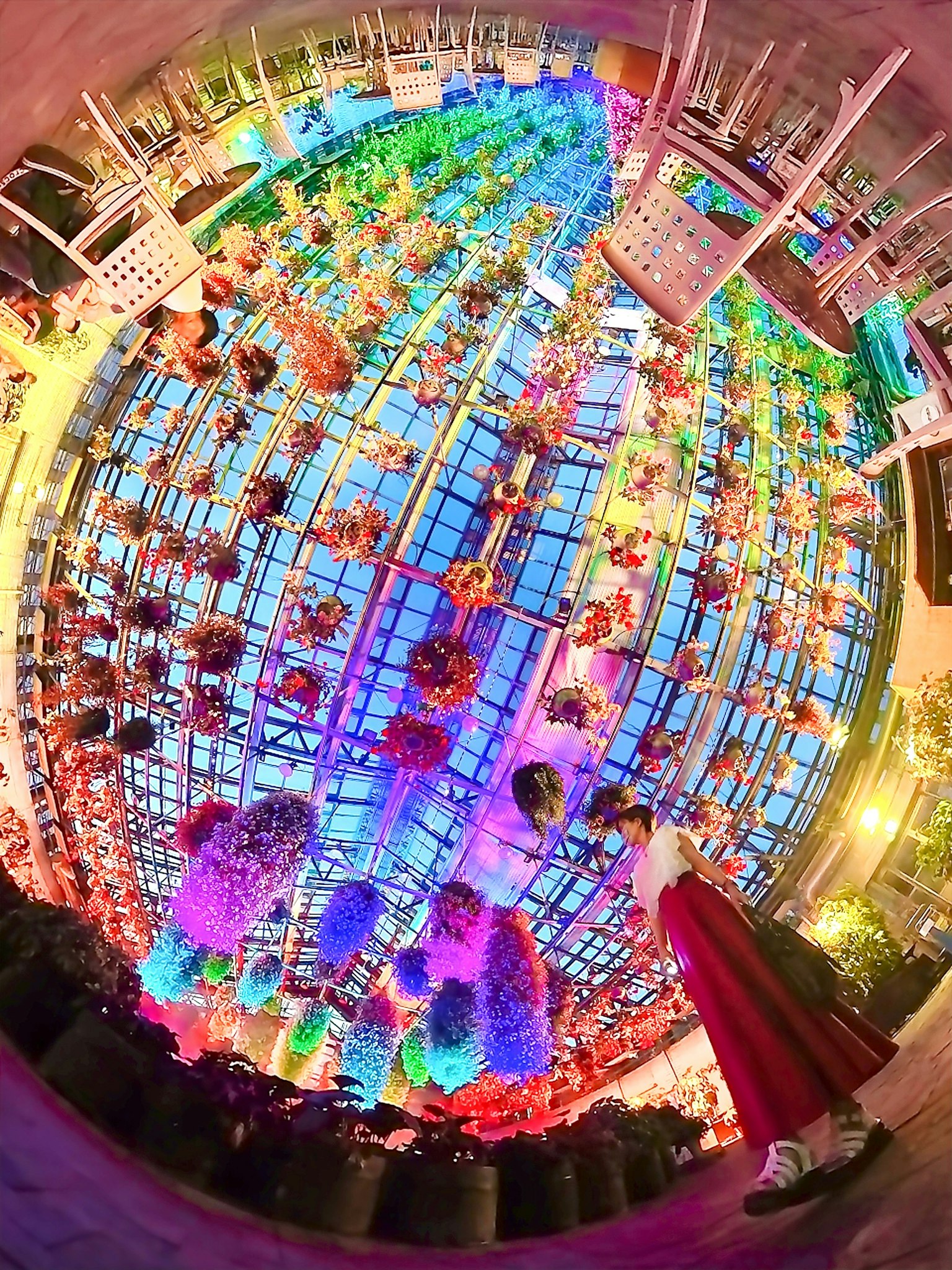Espace intérieur vibrant décoré de fleurs colorées et de lumières