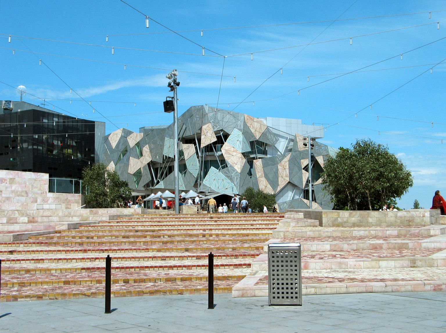 Modern architectural design of the Victorian State Library exterior and steps