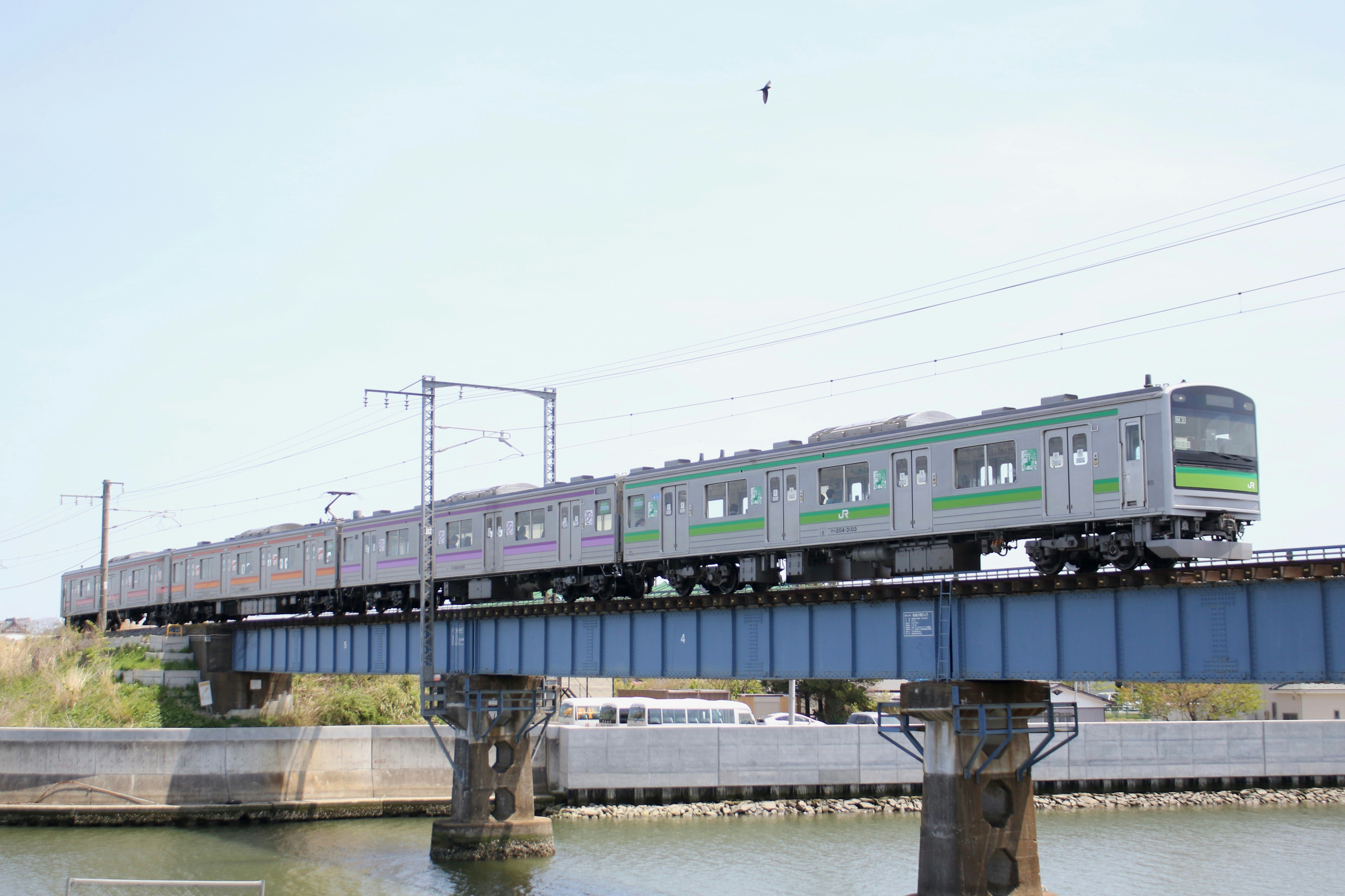 川に架かる鉄道橋を走る緑と紫の電車