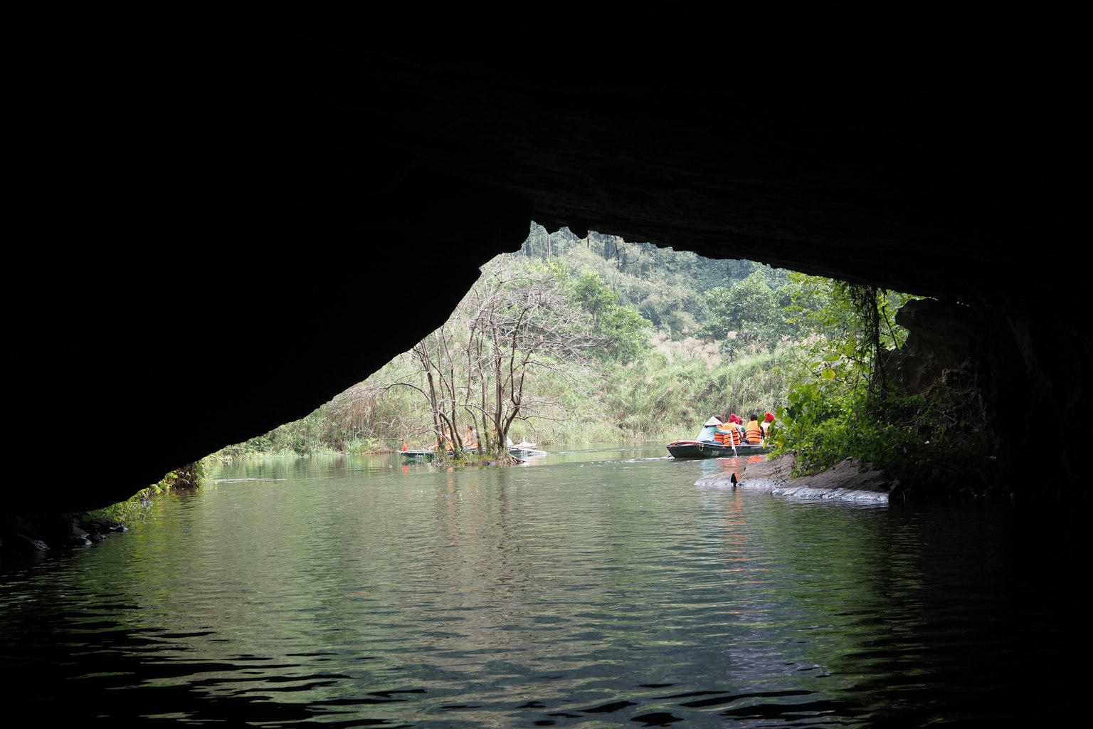 Vista da una caverna che mostra acqua calma e vegetazione lussureggiante