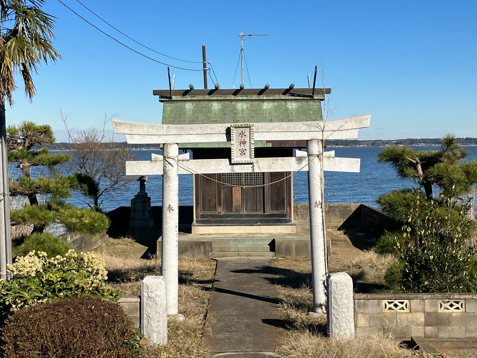 A view of a shrine with a torii gate near the water