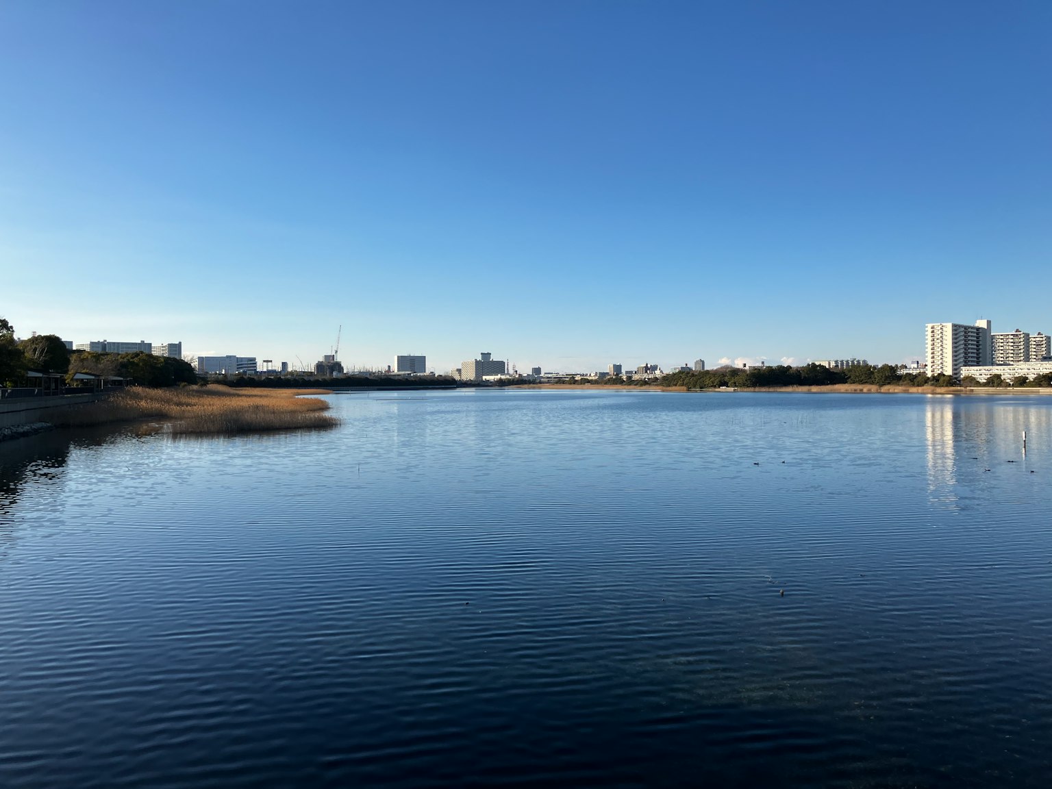 Paisaje fluvial que refleja el cielo azul y la superficie de agua tranquila