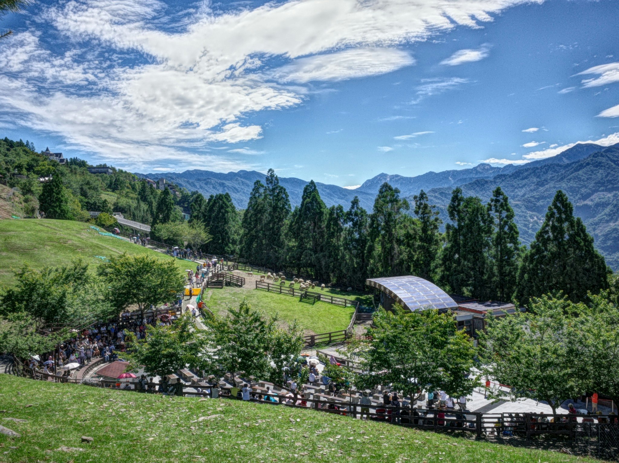 清境農場の緑の牧草地と山並みを望む屋外風景