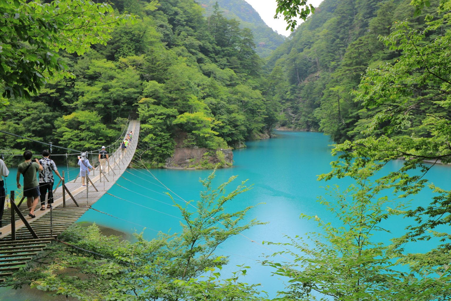 Üppige Landschaft mit einem türkisfarbenen See und einer Hängebrücke