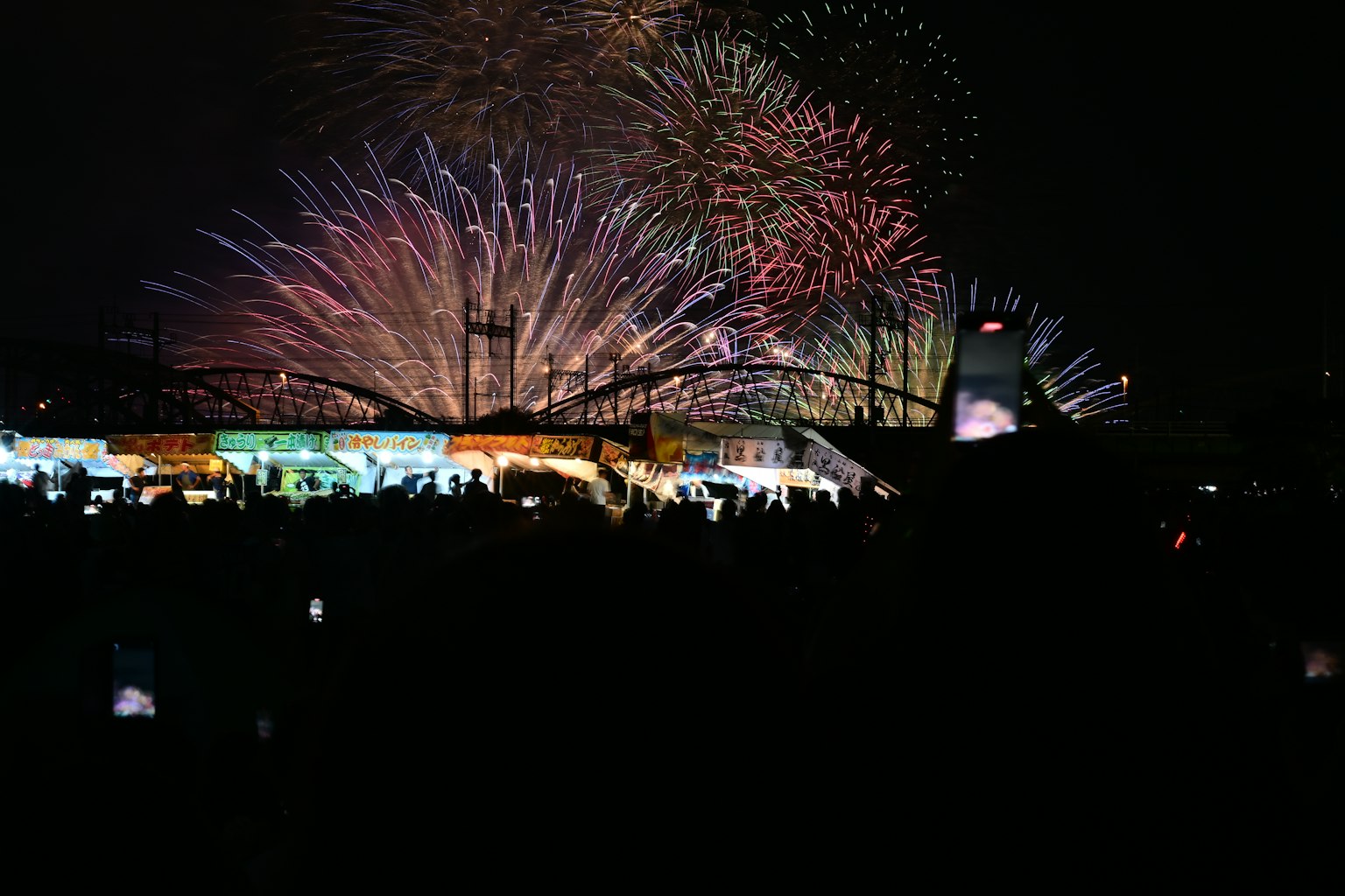 绚丽的烟花在夜空中绽放，观众的轮廓显现