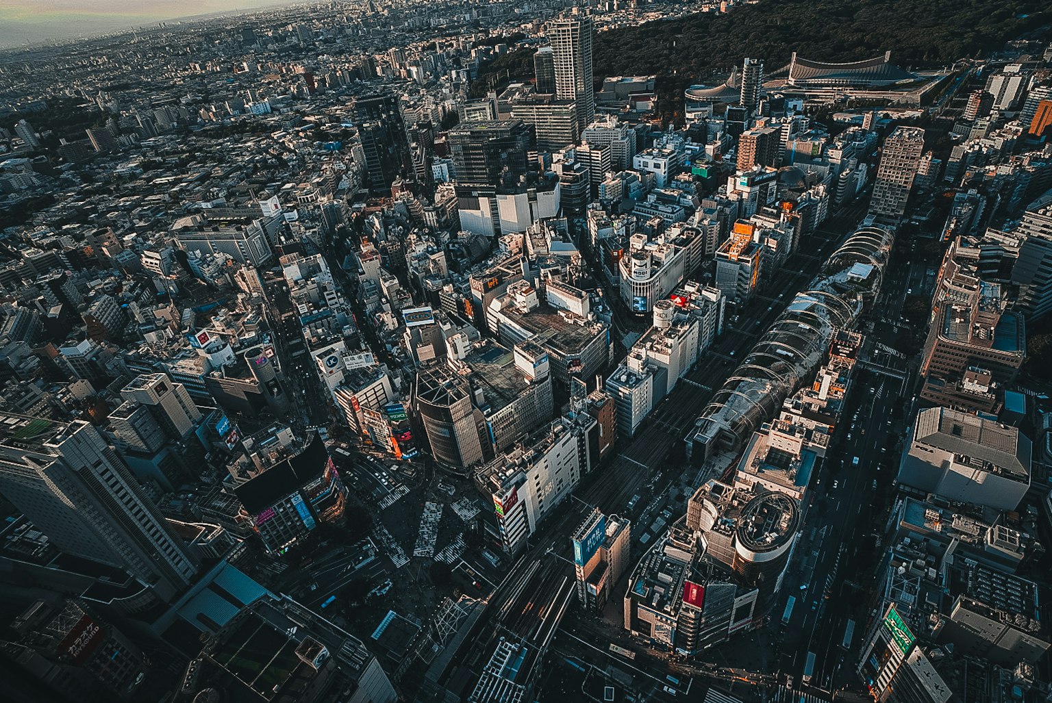 Vista aerea del paesaggio urbano di Tokyo con grattacieli e strade strette