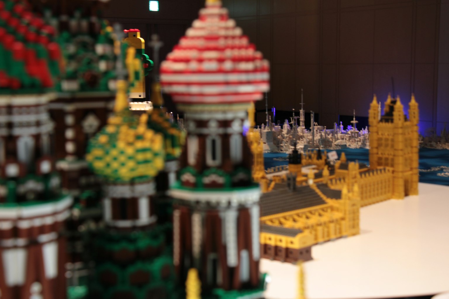 Colorful LEGO models of famous buildings including St. Basil's Cathedral and Big Ben