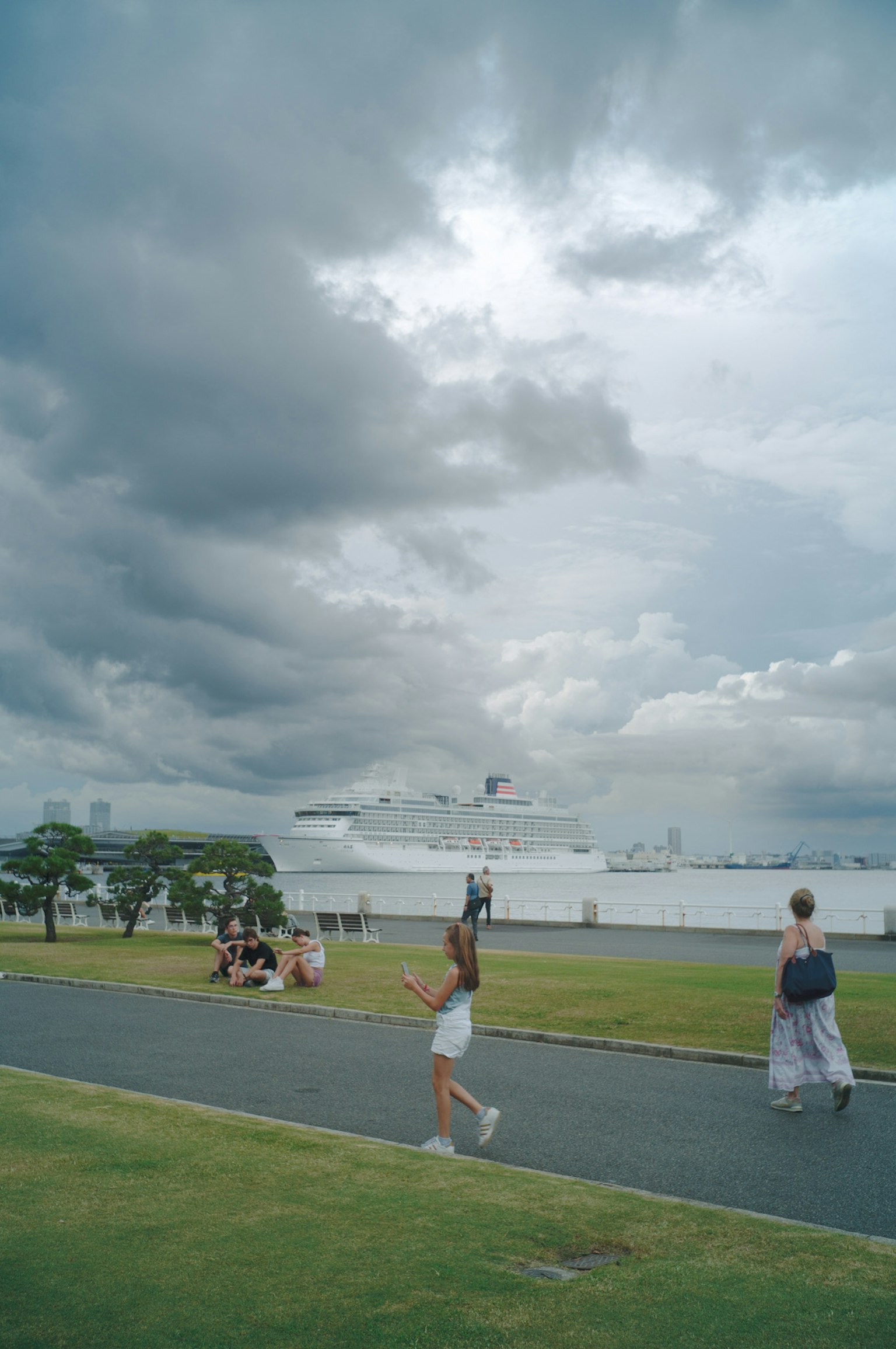 Park scene with people walking under a cloudy sky and a large ship in the background