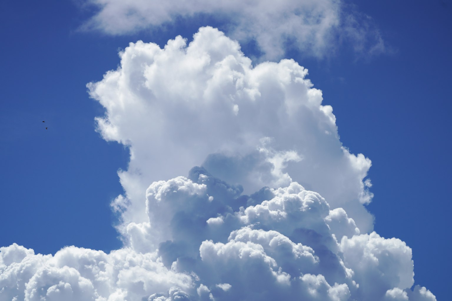 Flauschige weiße Wolken, die sich gegen einen klaren blauen Himmel erheben