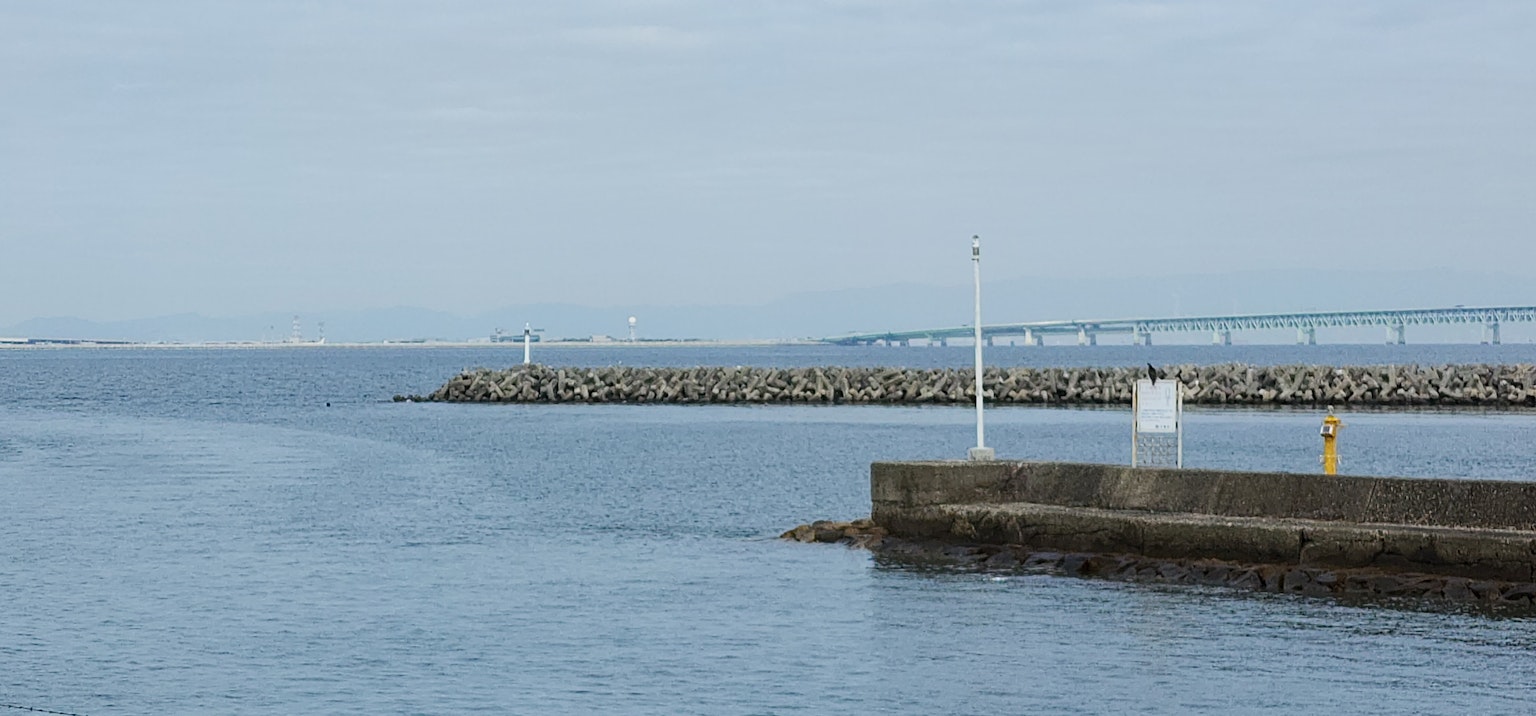 Vista escénica del mar con un muelle y un puente a lo lejos