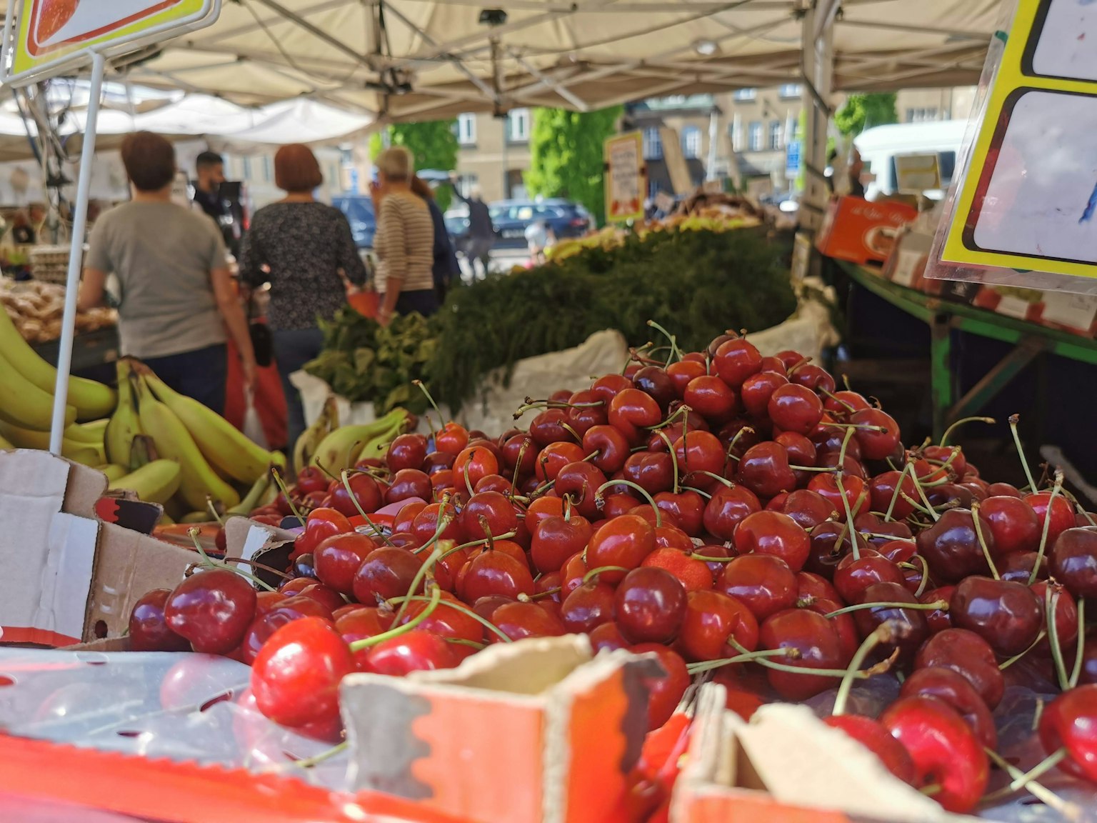 Ciliegie fresche e banane esposte in un banco di mercato