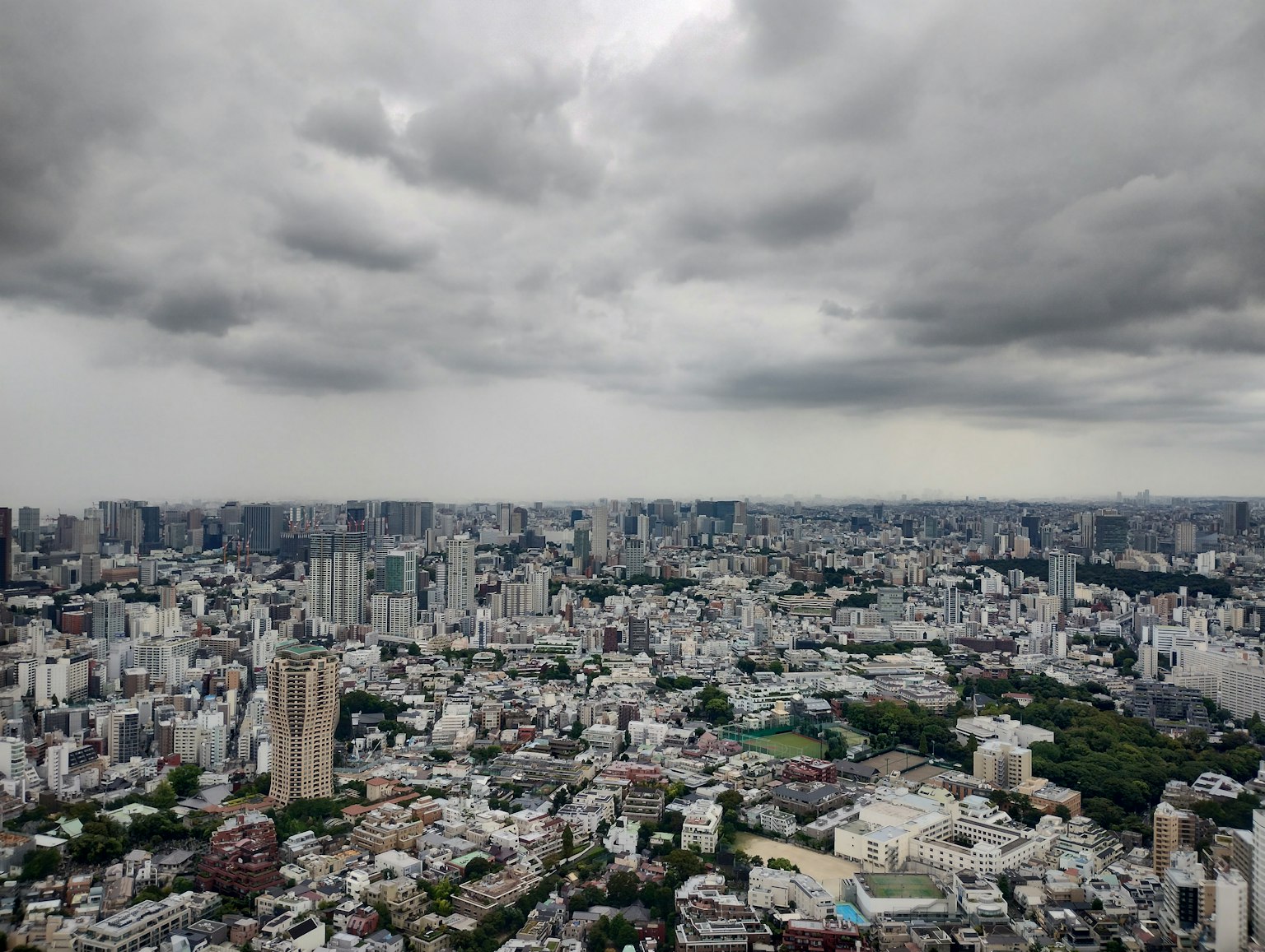 Ein Panoramablick auf die Skyline von Tokio mit dichten Gebäuden und Grünflächen unter einem bewölkten Himmel