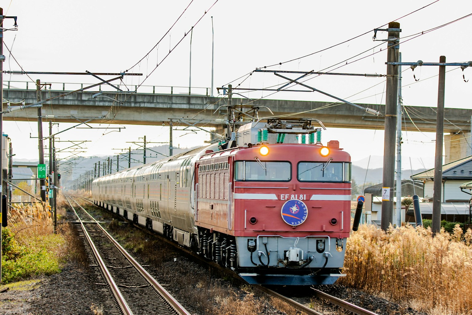 紅色機車在鐵路上牽引一列長列車