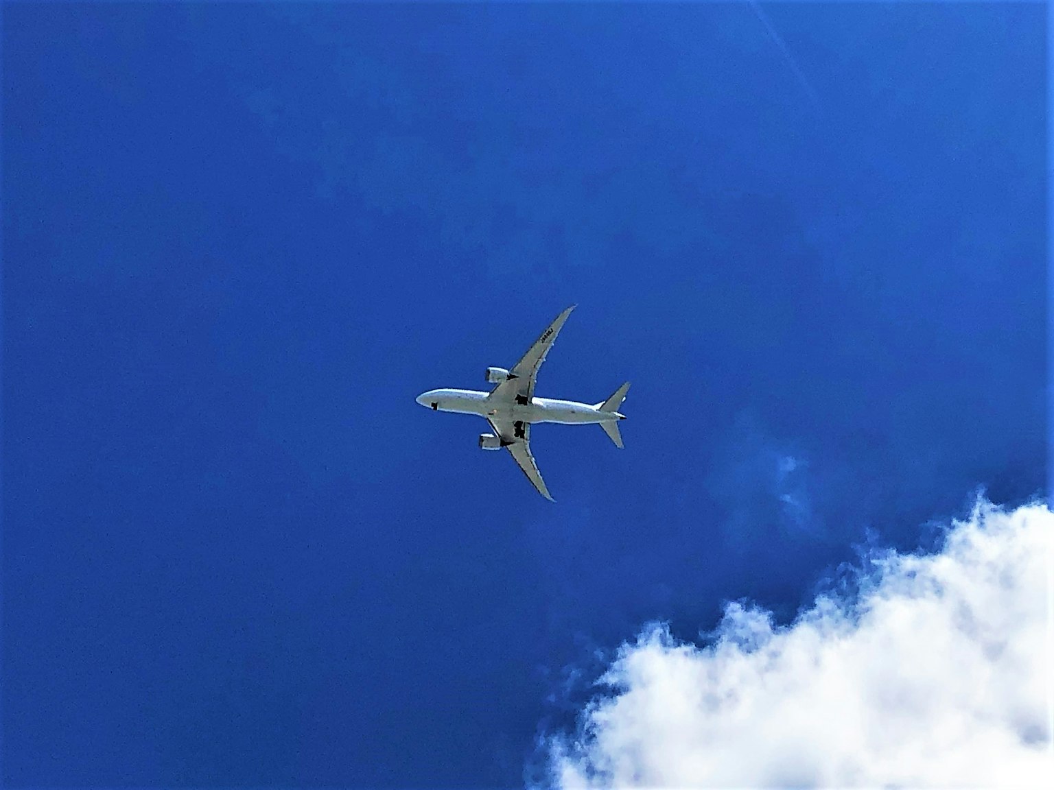 เครื่องบินโดยสารบินอยู่ท่ามกลางท้องฟ้าสีฟ้า