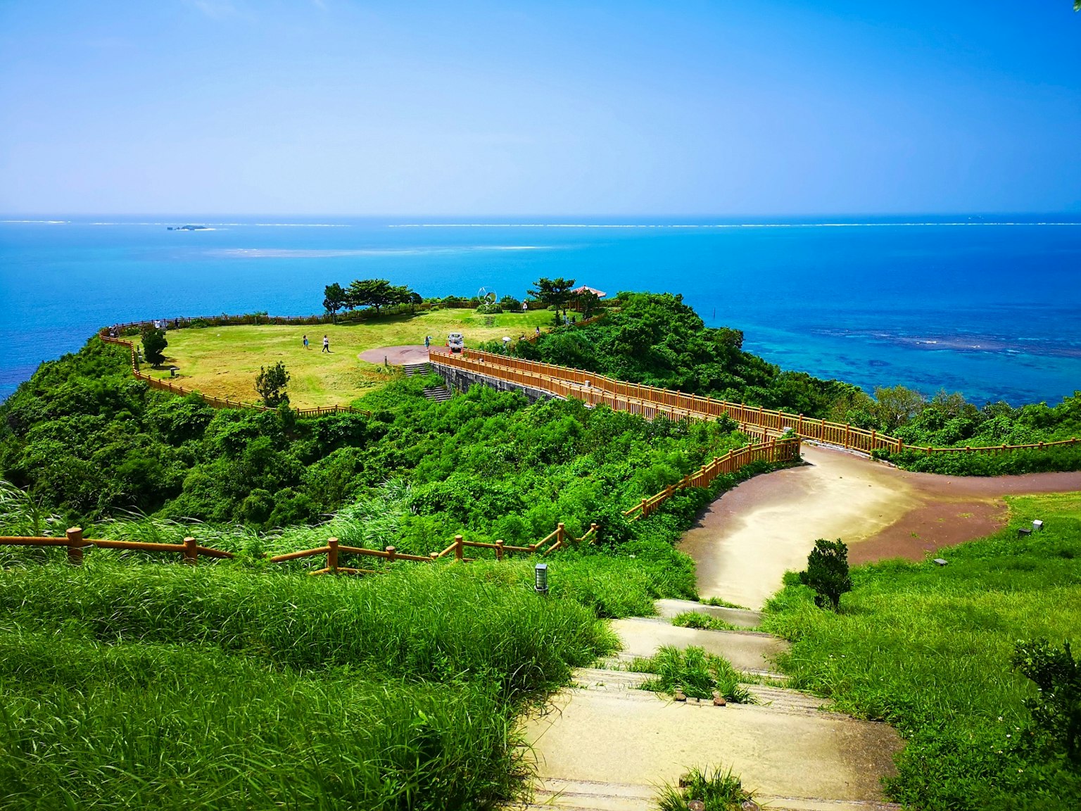 Scenic view of blue ocean and green hillside with wooden pathway