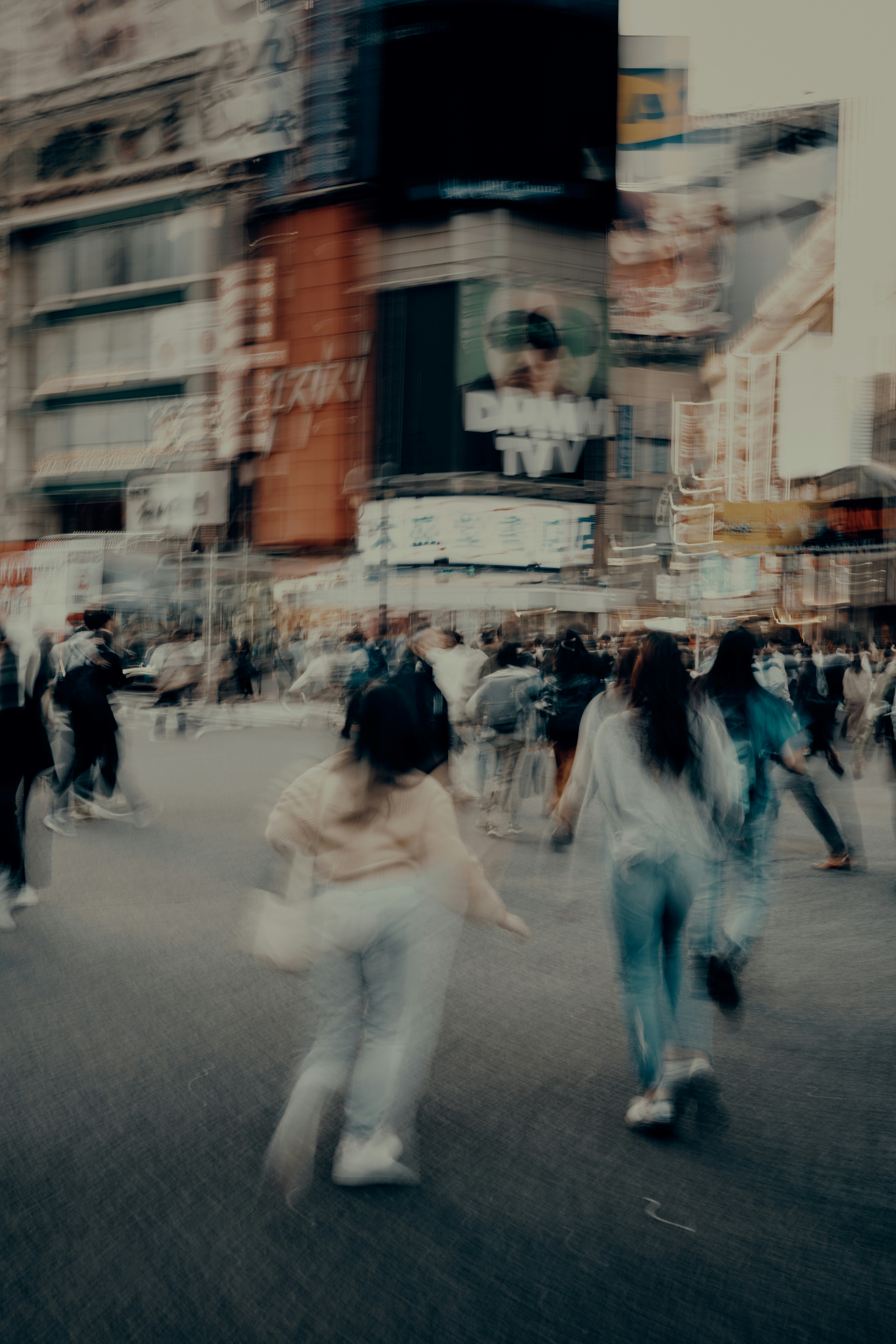 busy street scene with people walking
