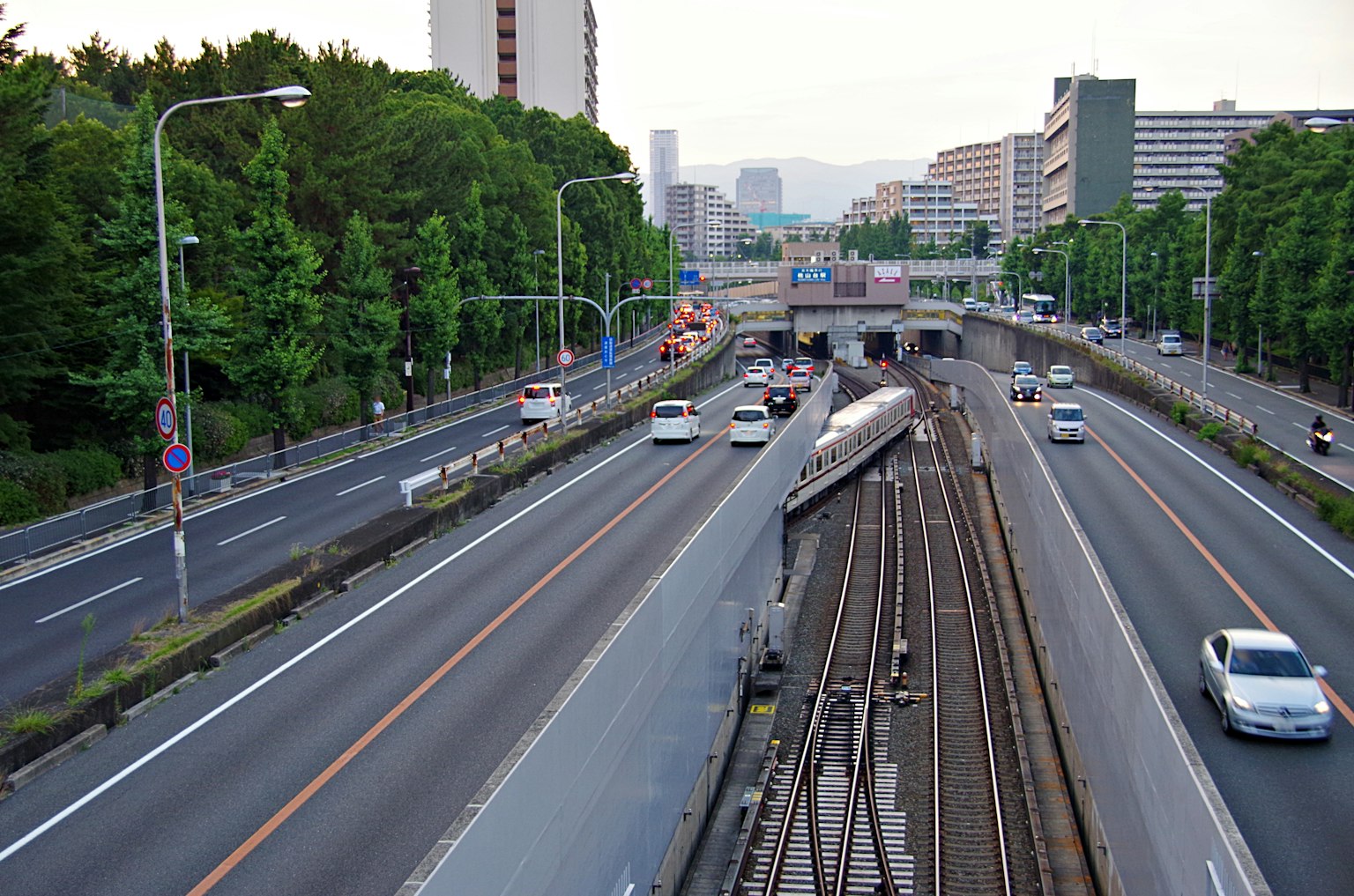 Pemandangan kota dengan jalan layang dan rel kereta yang bersilangan pohon hijau dan gedung tinggi