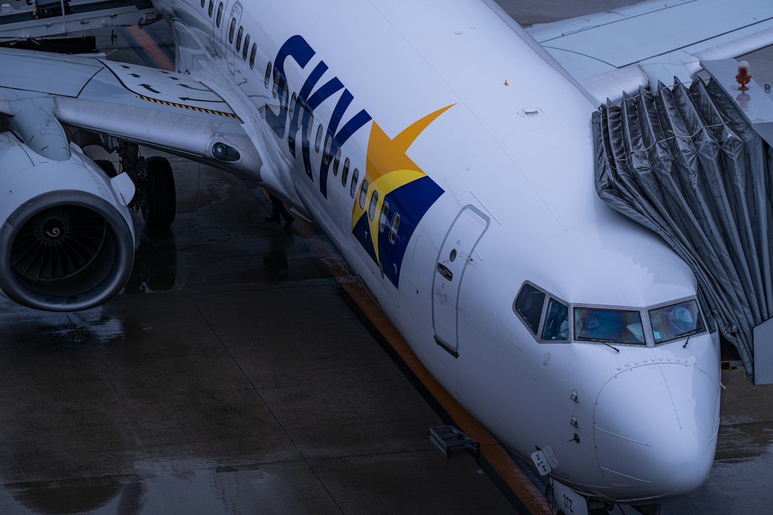Avión con logo Sky estacionado en la puerta