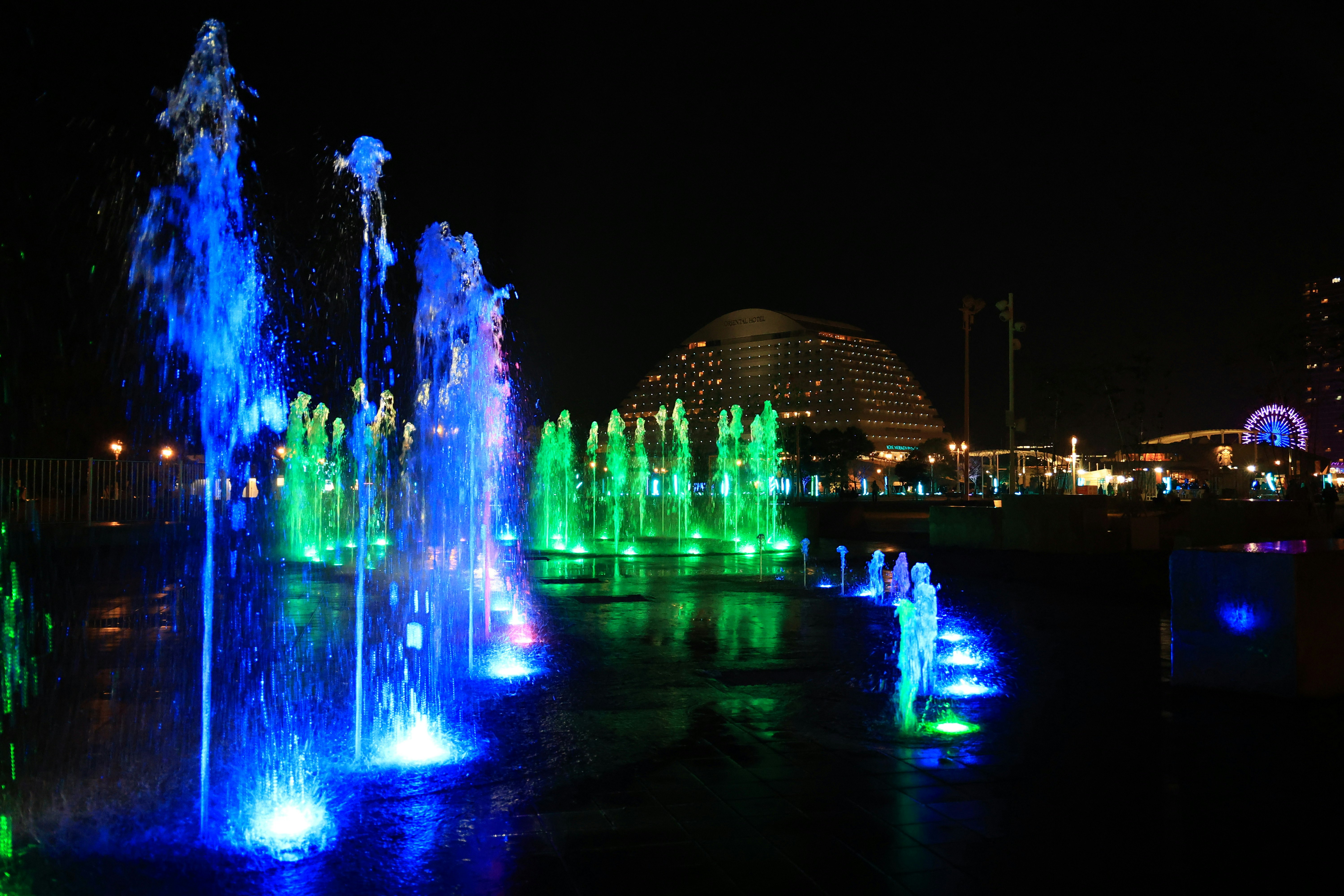 夜の噴水とライトアップされたドームのある水辺の景色