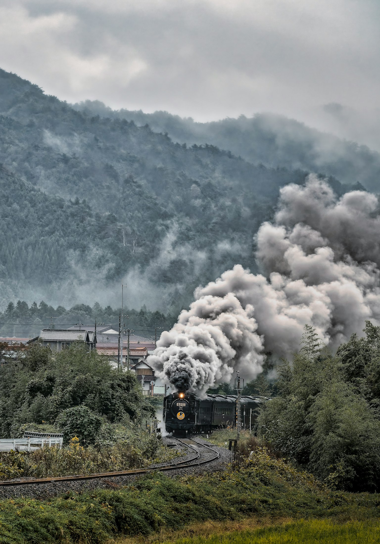 煙を上げる蒸気機関車が山の背景を背に走る