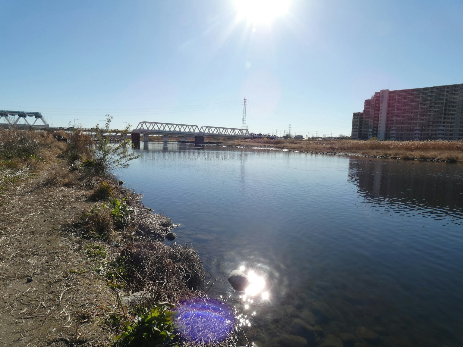 Bright river scene featuring a bridge and buildings