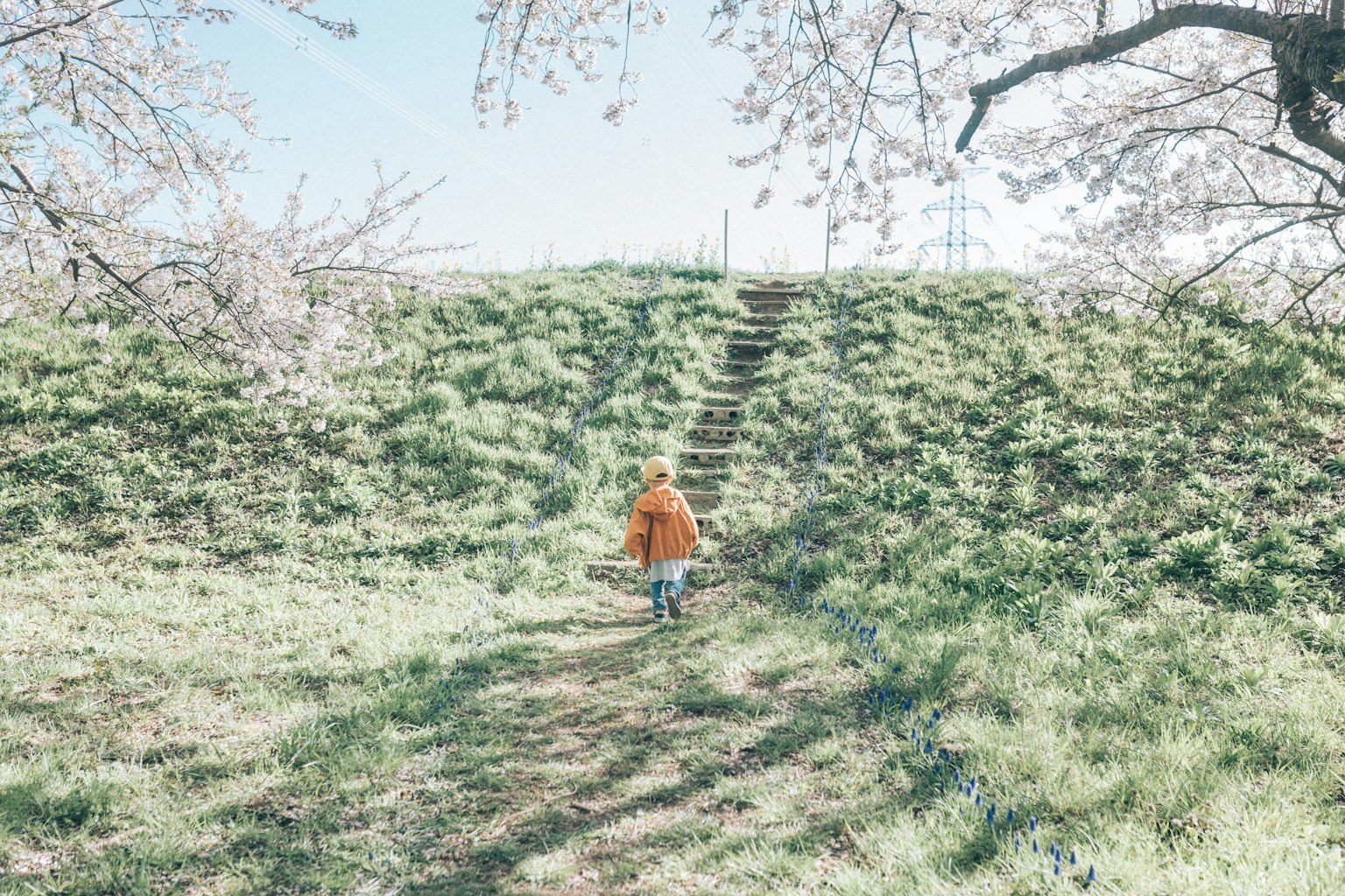 Child in orange coat walking on grassy path towards hill