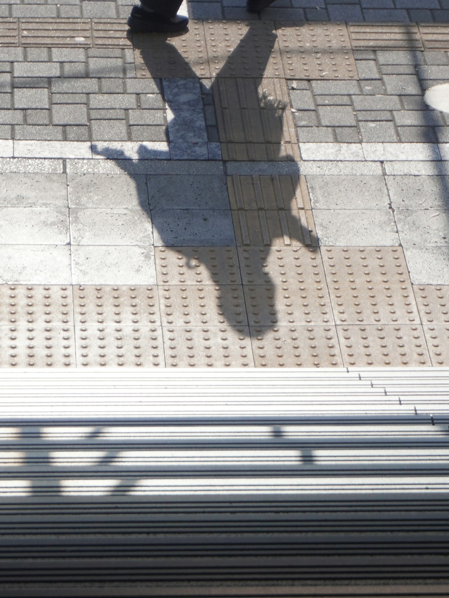 影が映る歩道の上を歩く人