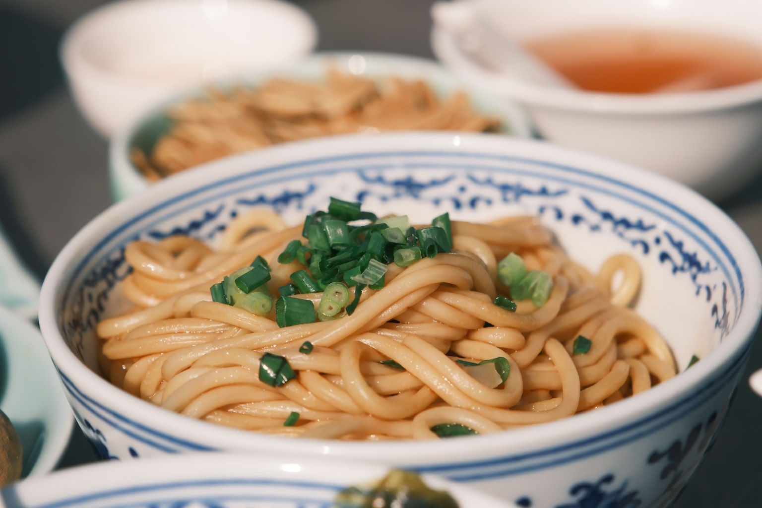 Bol de nouilles garni d'oignons verts