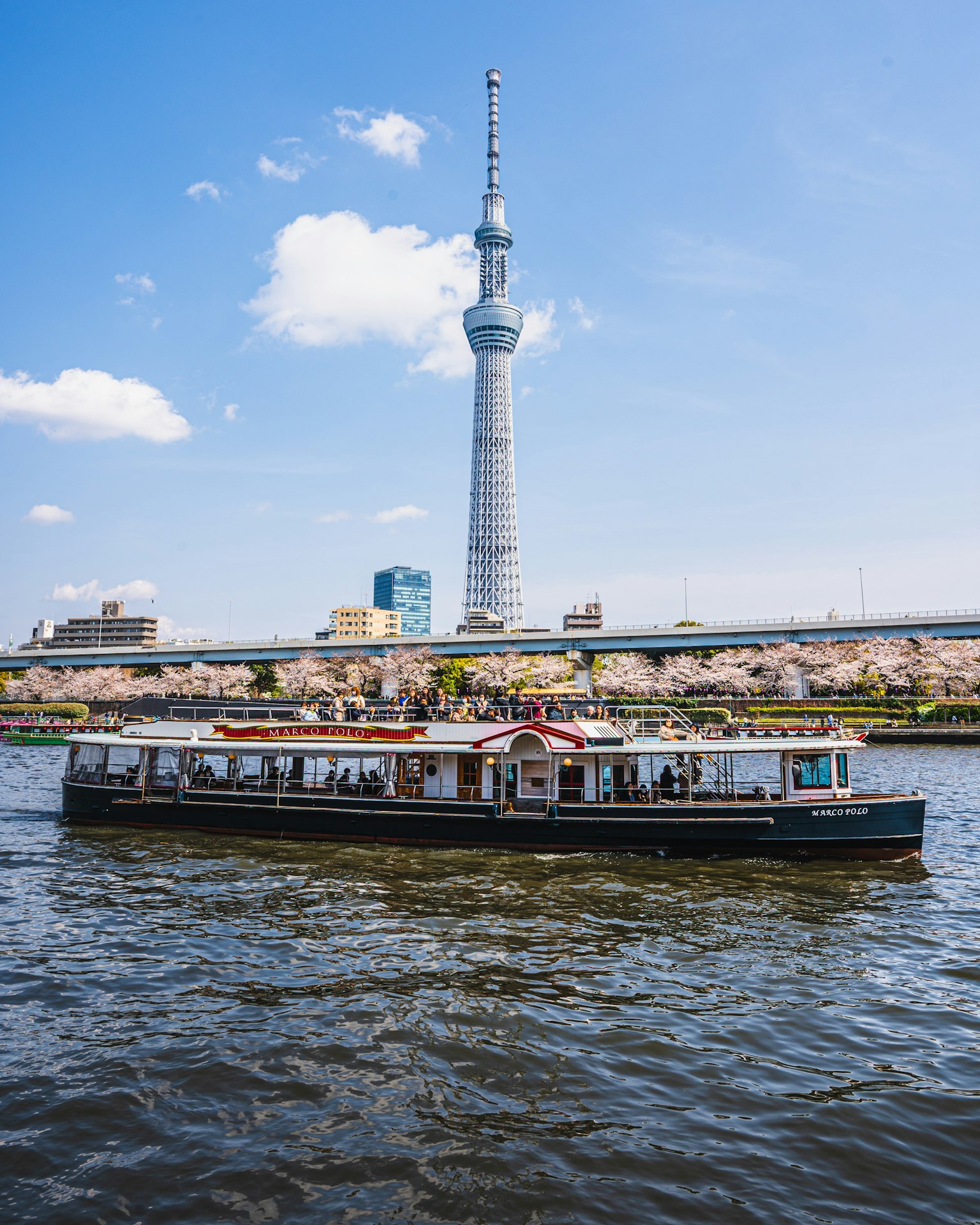 Barco turístico en el río con Tokyo Skytree al fondo