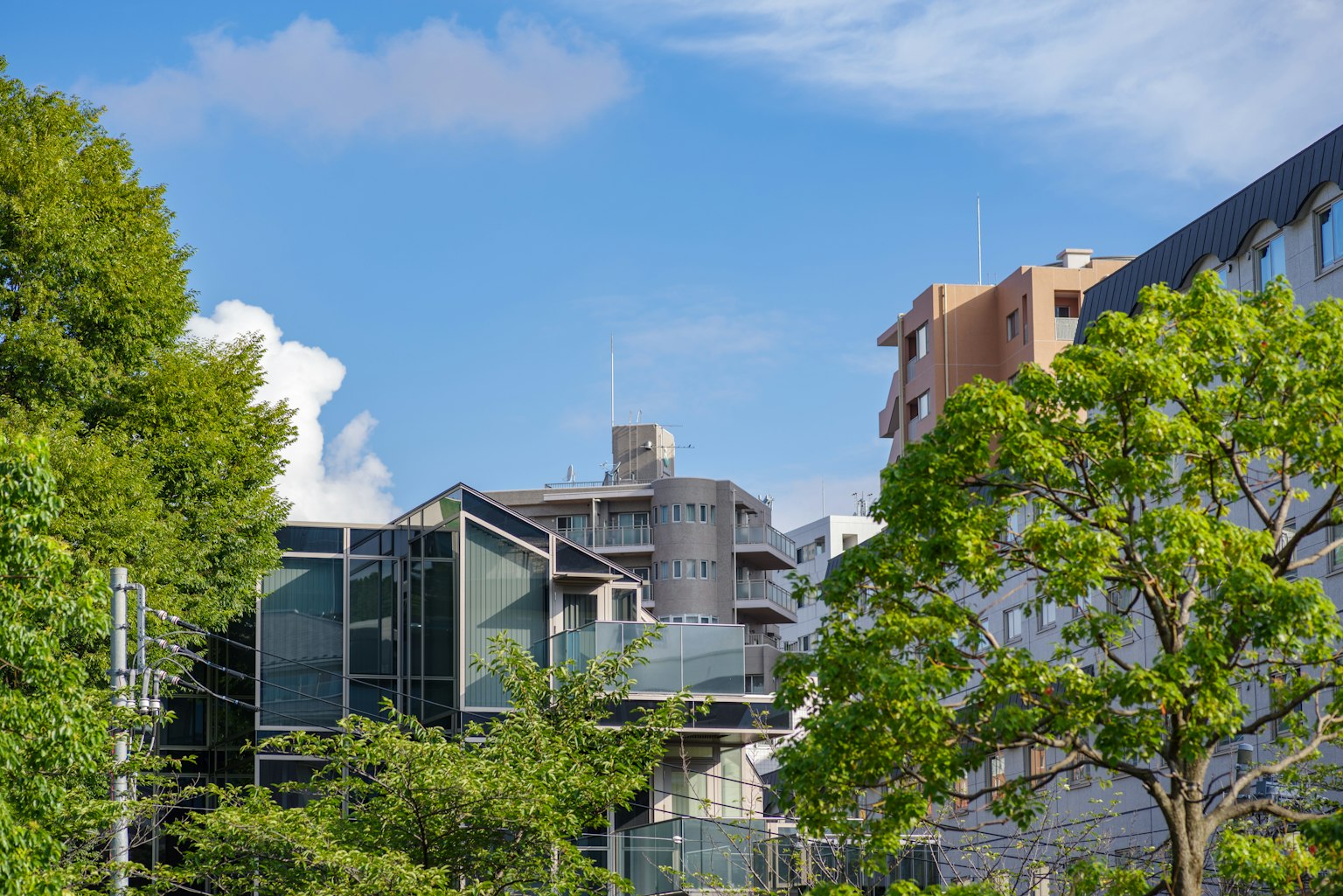 Modern buildings under a blue sky with green trees
