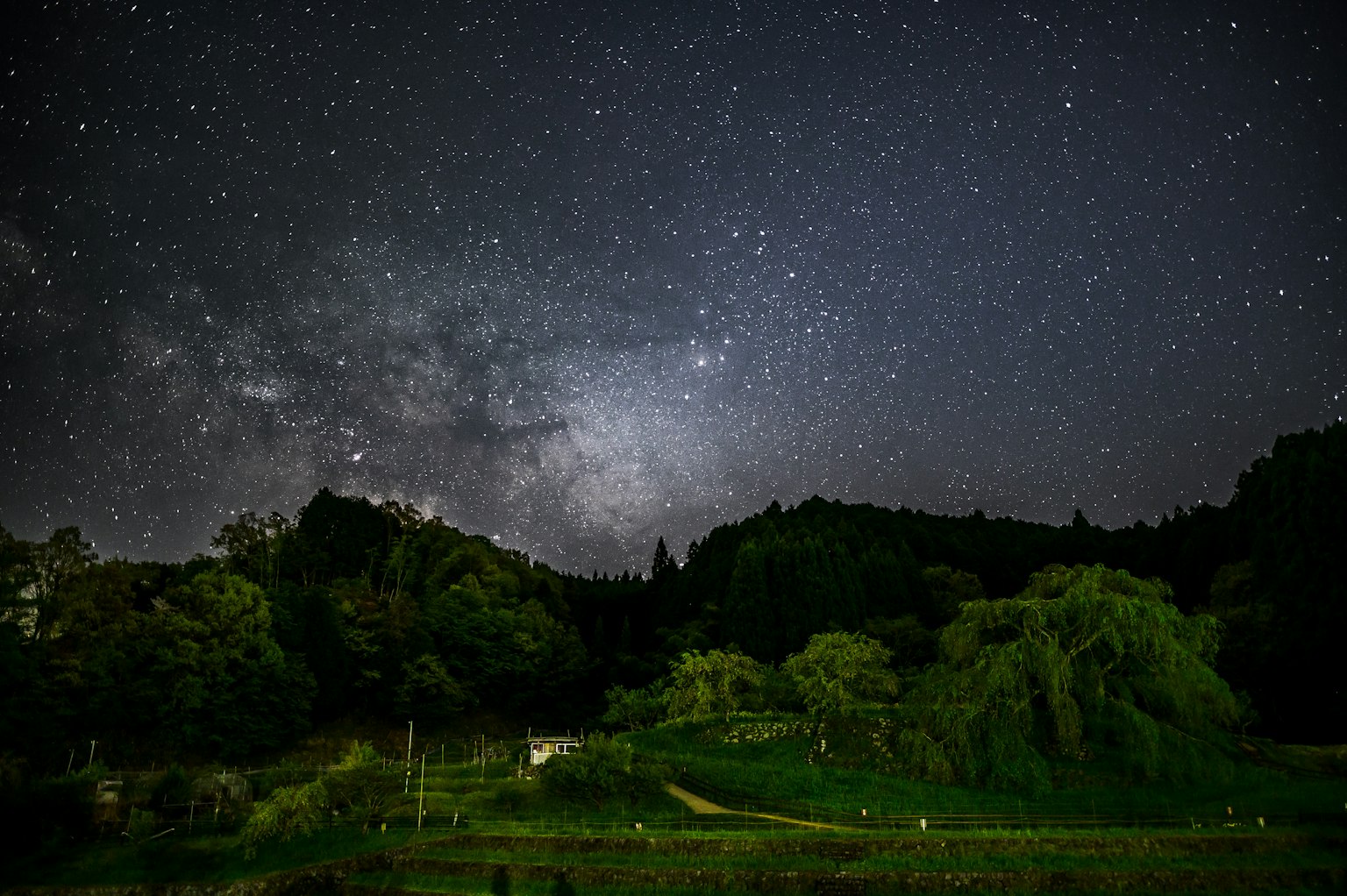 Night landscape featuring a starry sky and the Milky Way lush green mountains and a calm river