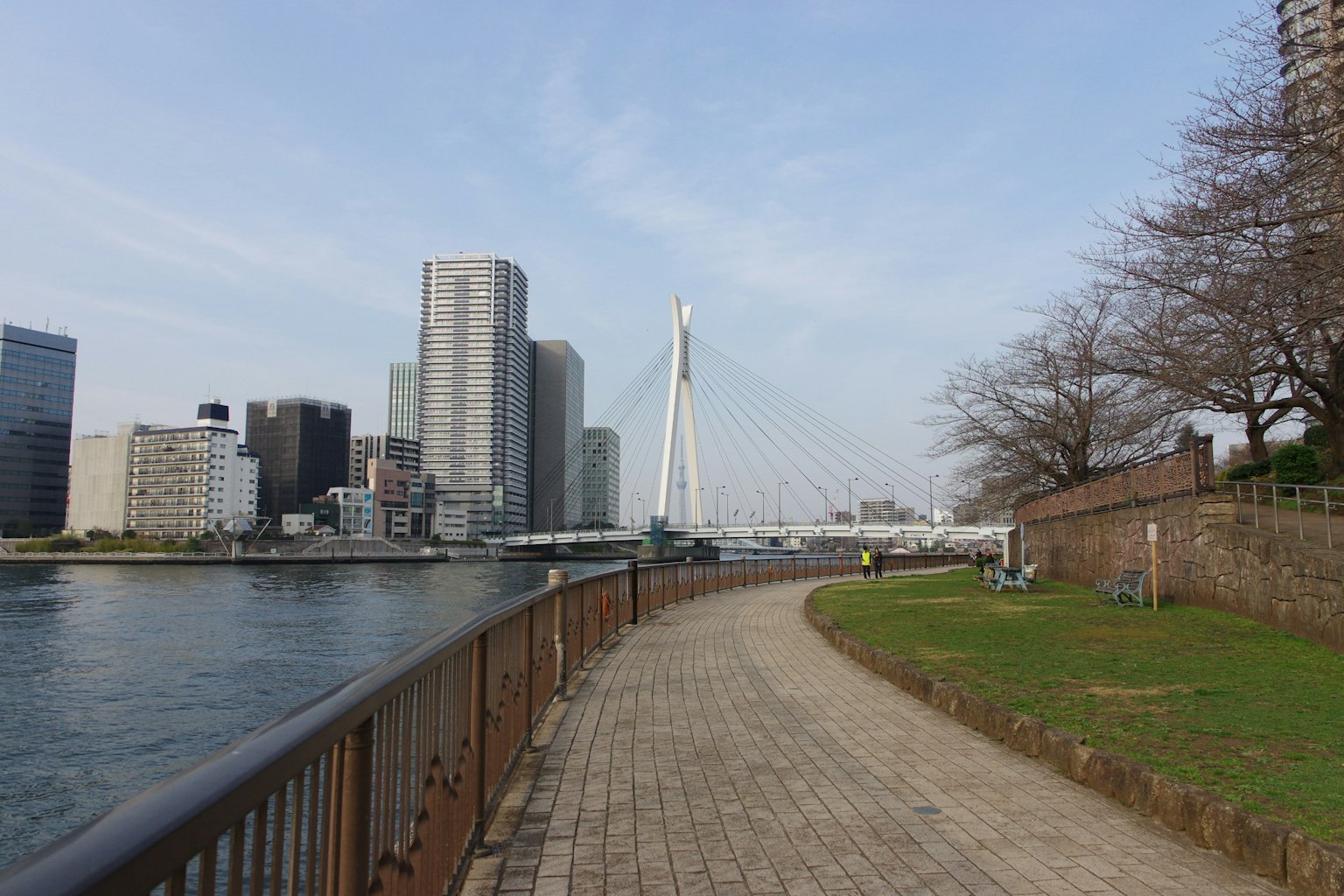 Scenic view along the riverside walkway featuring modern buildings and a bridge under a clear blue sky