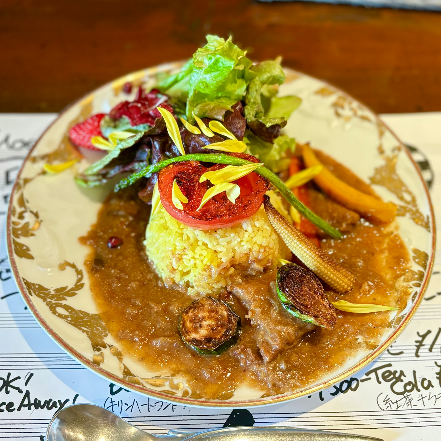 Teller mit buntem Salat und Reisgericht mit Fleisch und Sauce