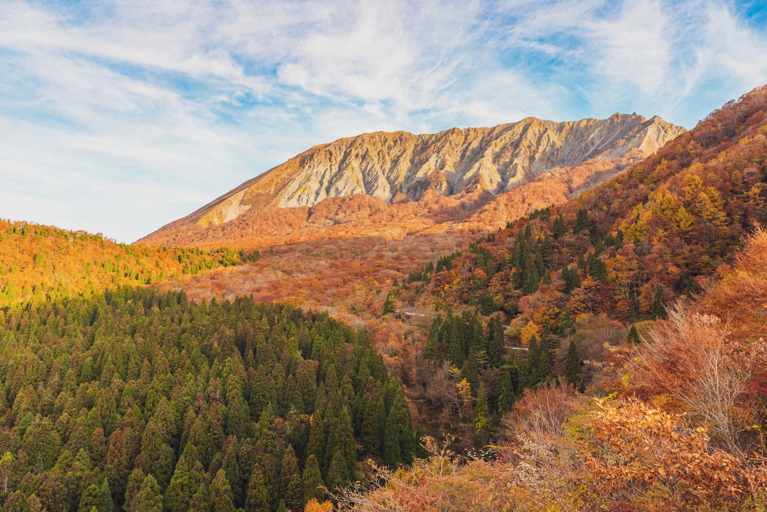 Berglandschaft umgeben von Herbstlaub und grünem Wald