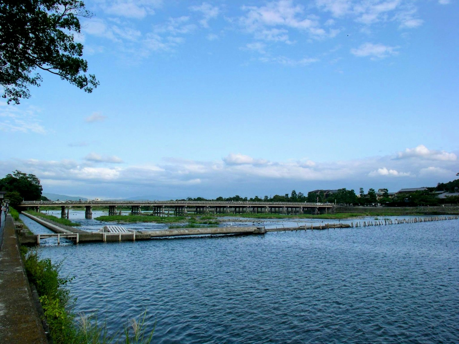 Paisaje de campos de arroz y puente bajo un cielo azul