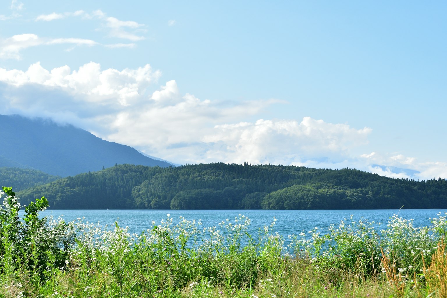 Vista panoramica di un lago blu circondato da montagne verdi e nuvole