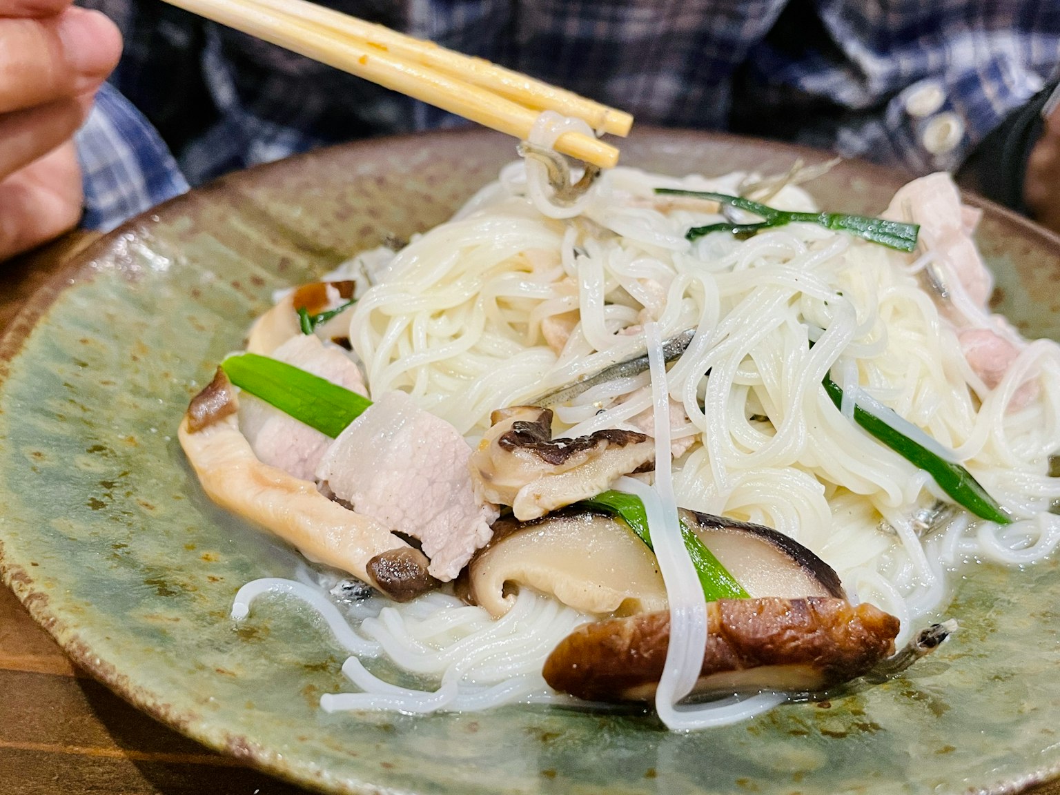 흰 쌀국수와 닭고기가 얹힌 접시, 파와 허브로 장식되어 있다