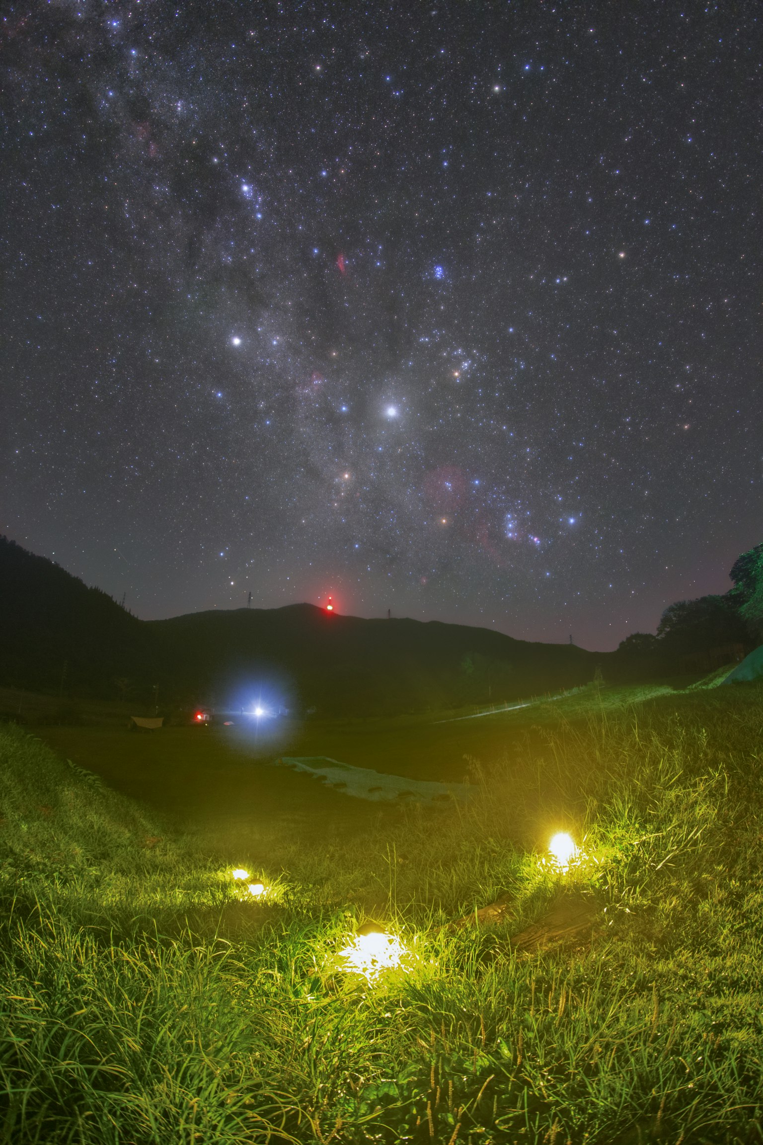 Cielo estrellado sobre un paisaje de hierba con luces brillantes