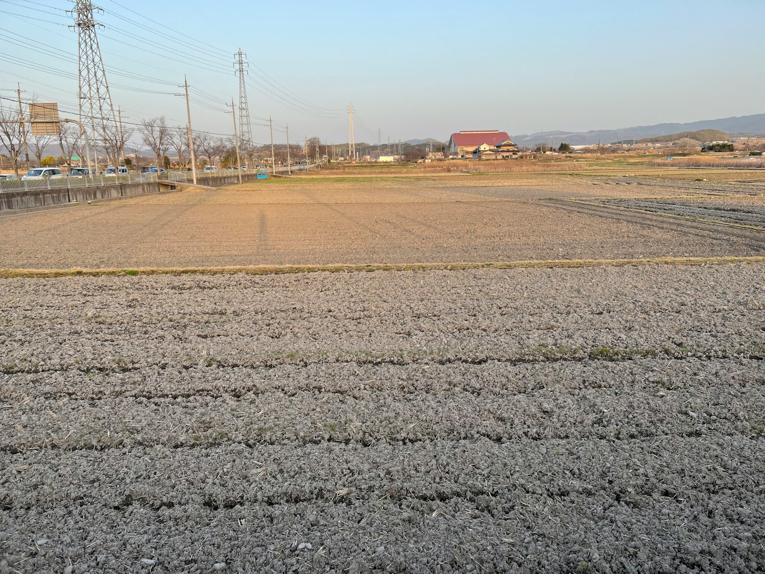 Terre agricole vaste avec des lignes électriques et des bâtiments au loin