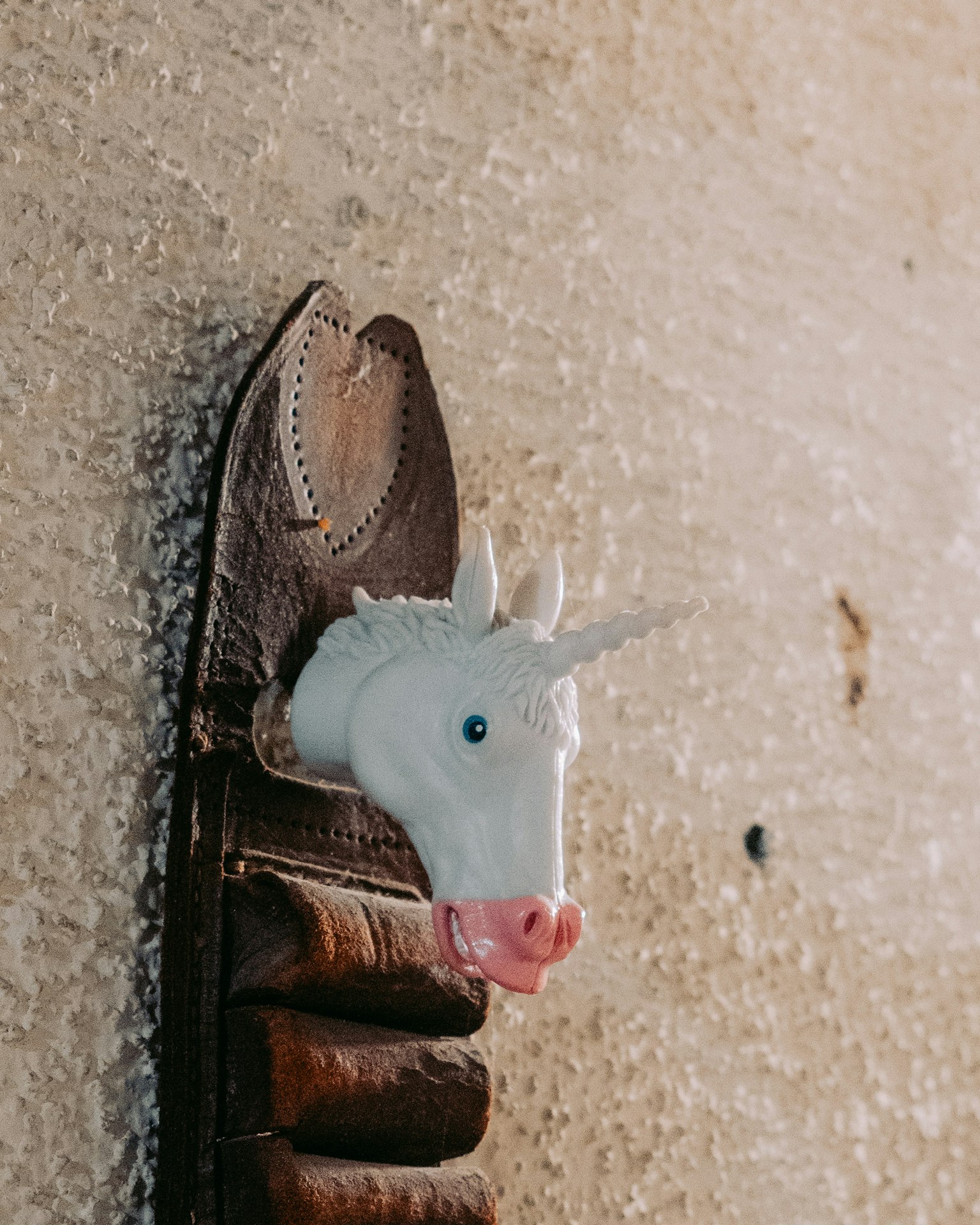 Kepala unicorn yang dipasang di dinding dengan alas kulit