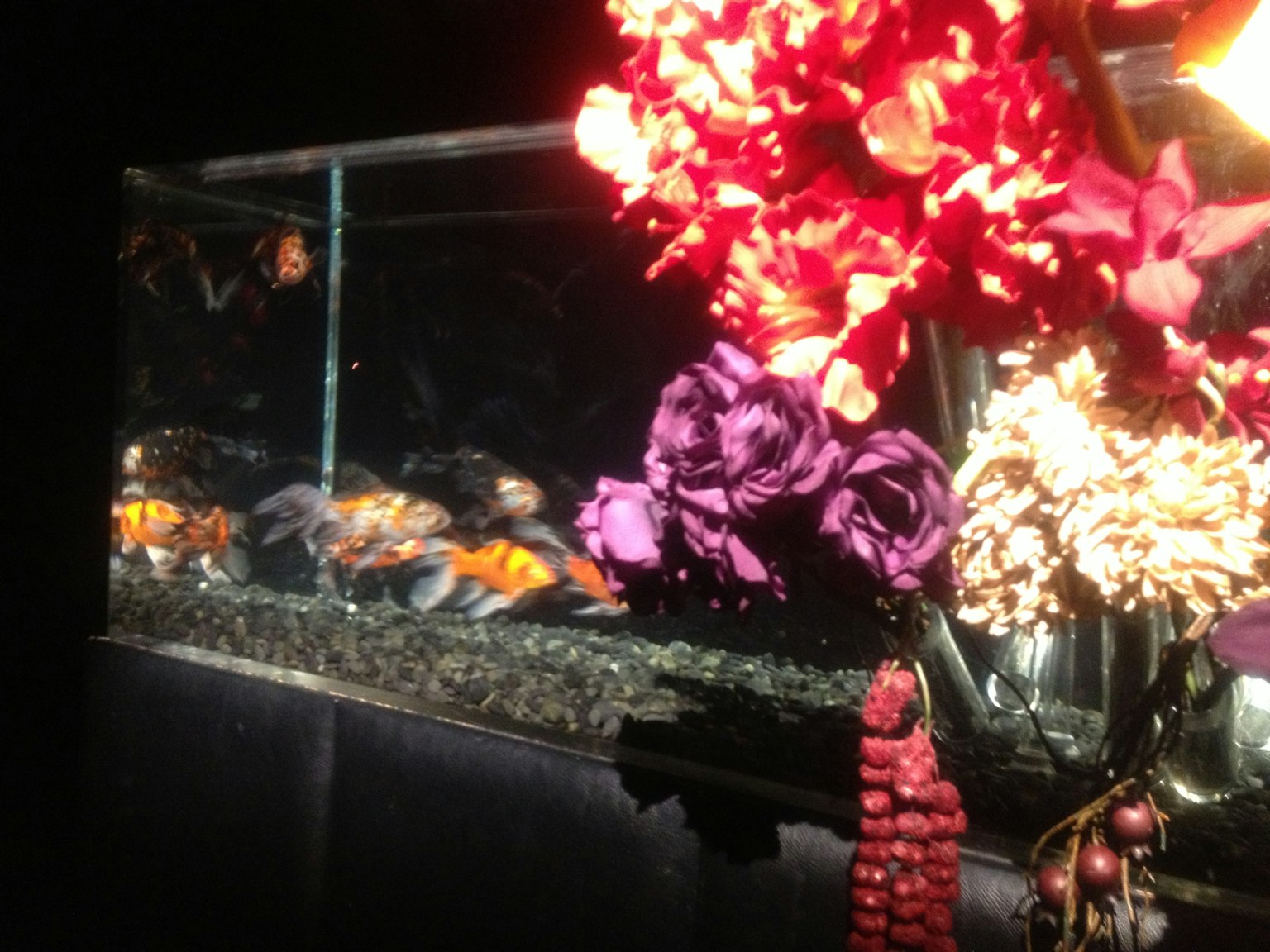 Una scena con un acquario contenente pesci colorati e fiori vivaci