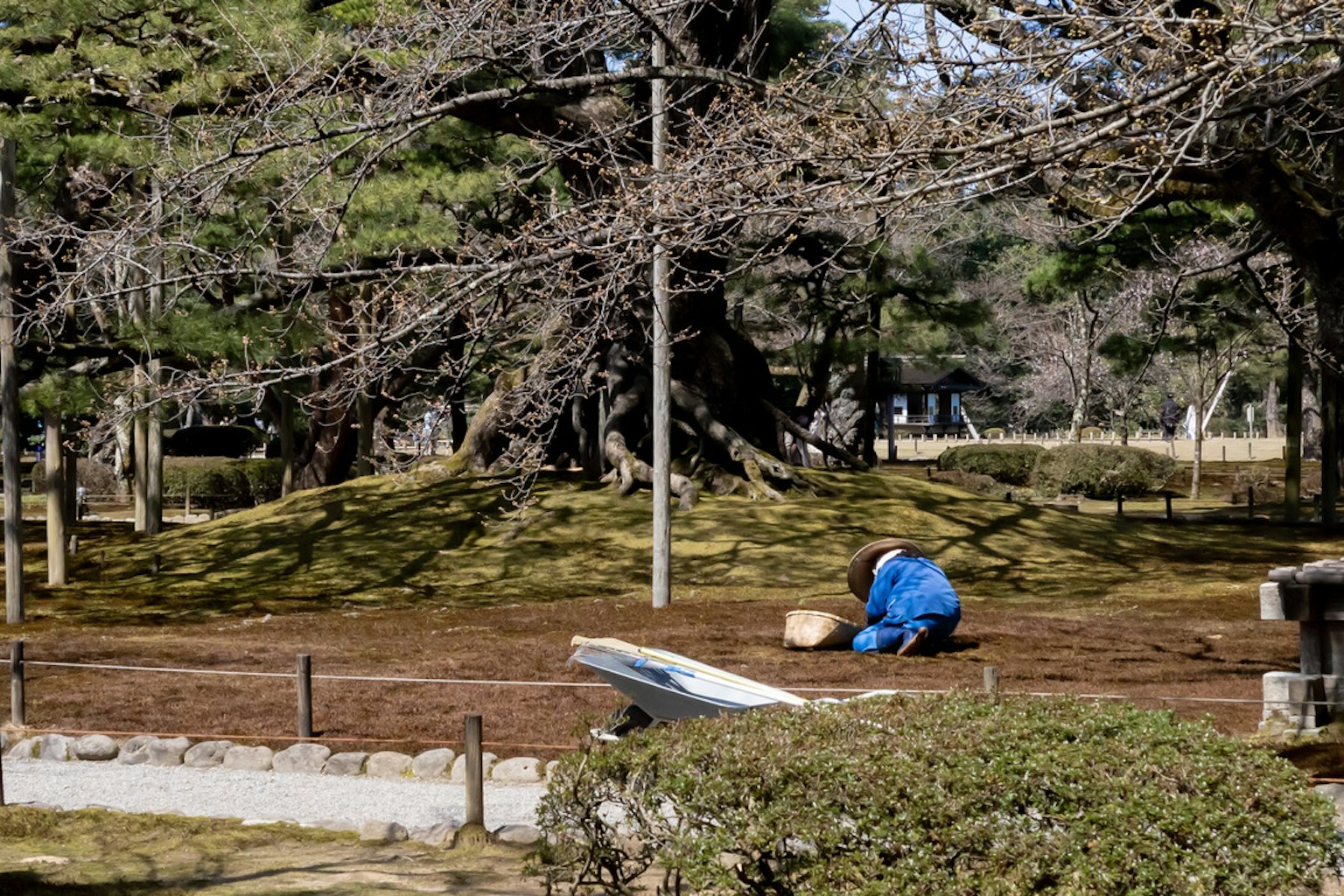 Ein Arbeiter in blauer Kleidung, der den Boden in einem Park bearbeitet