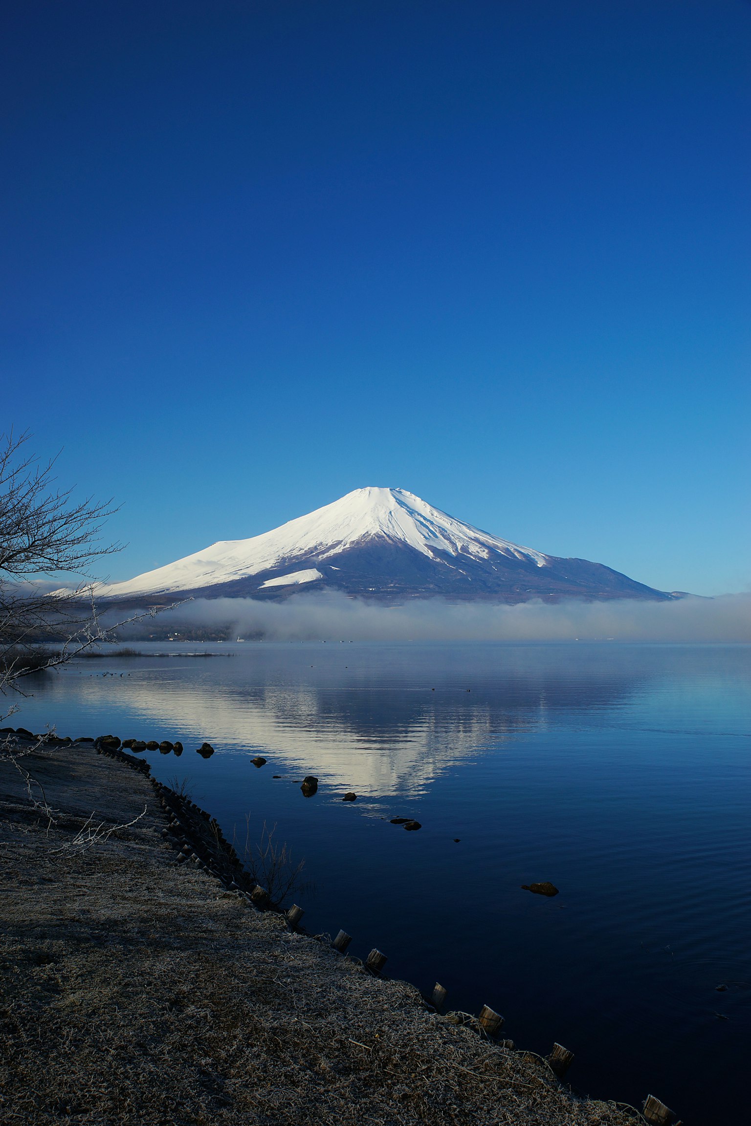 Schöner Mount Fuji unter klarem blauen Himmel, der sich im Wasser spiegelt