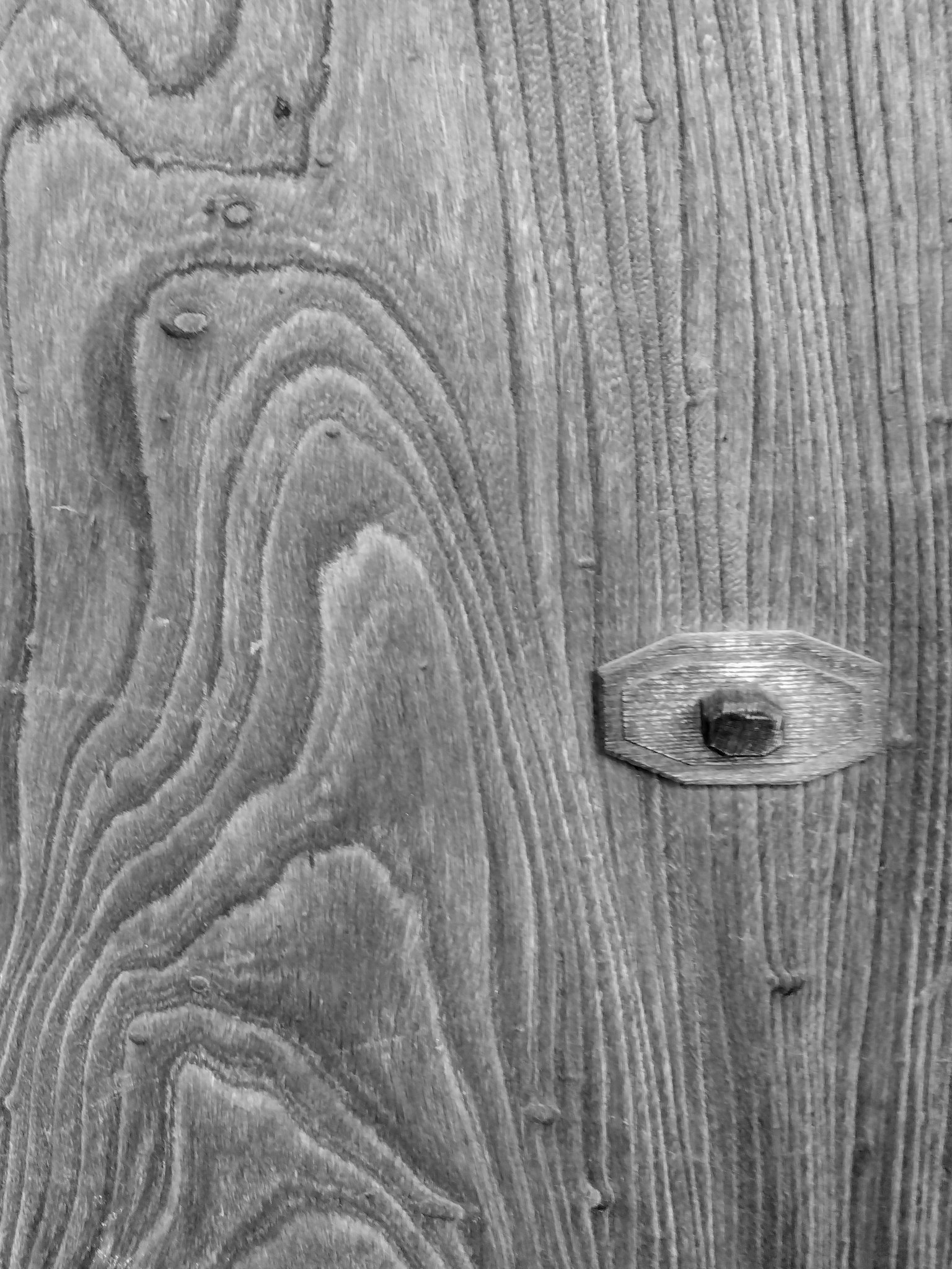 Superficie de madera en blanco y negro con patrones de grano y nudos prominentes