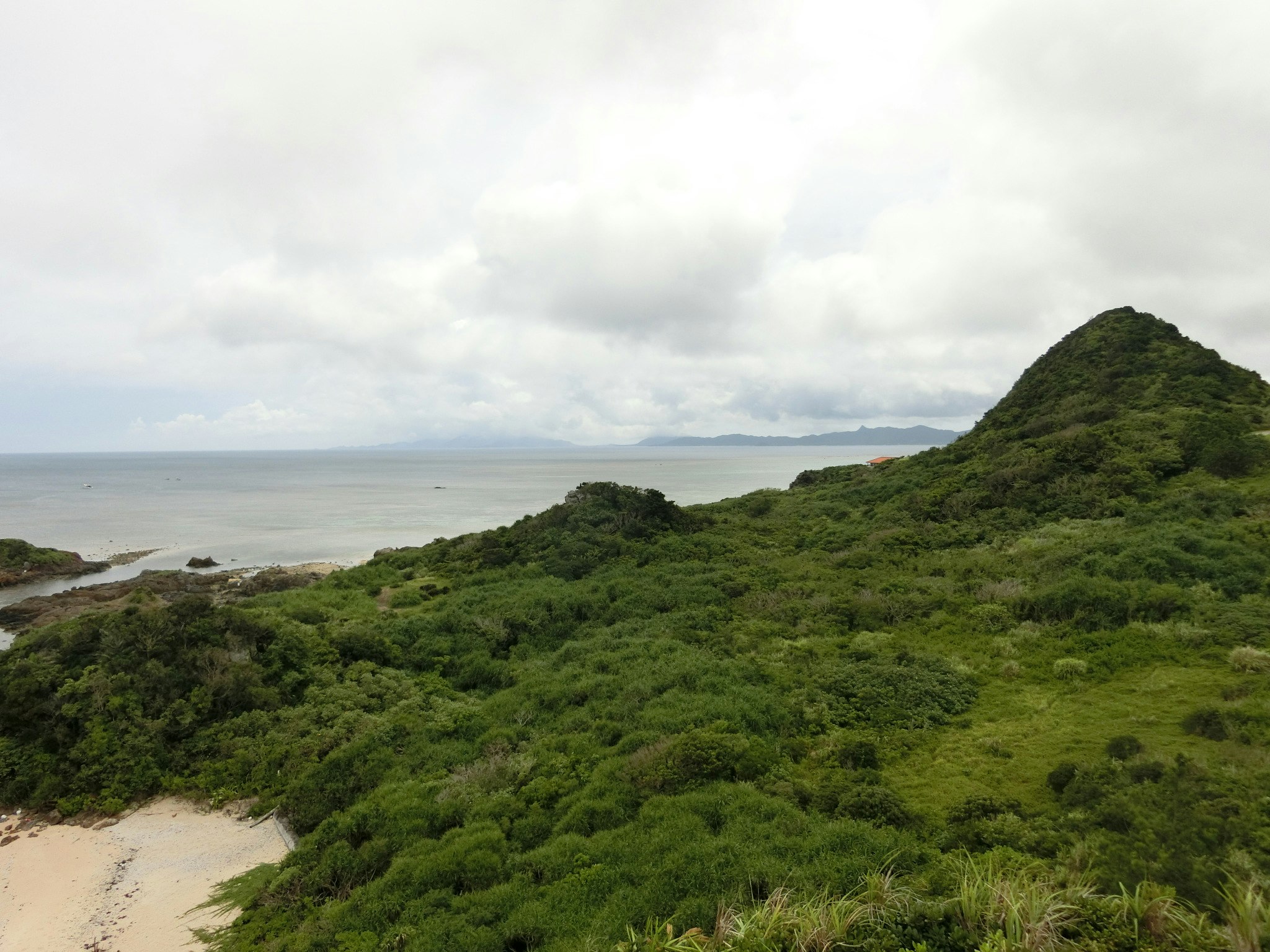 coastal landscape with lush green hills and sandy beach