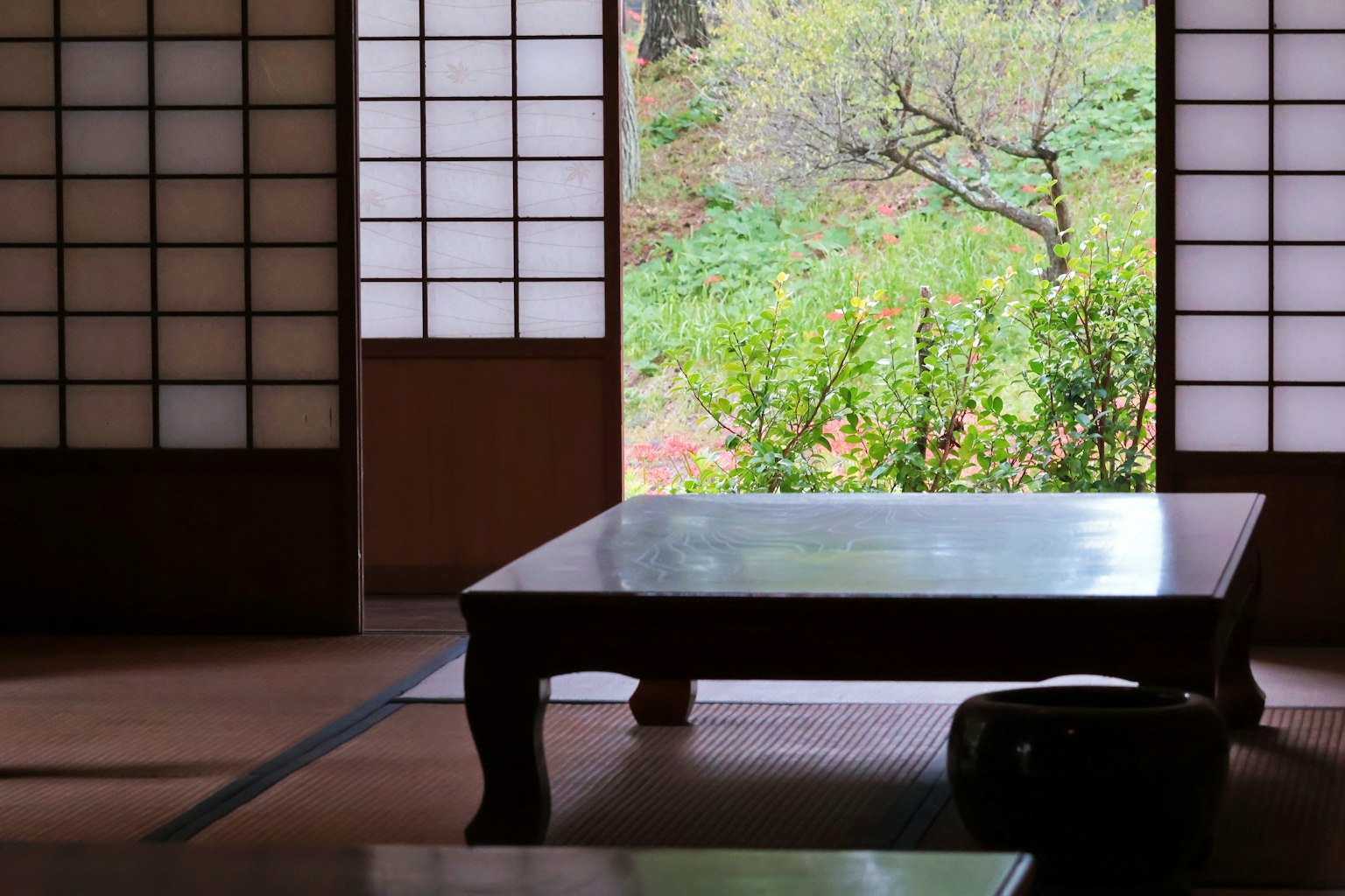 日本房間內部，窗外花園景色和低矮的桌子