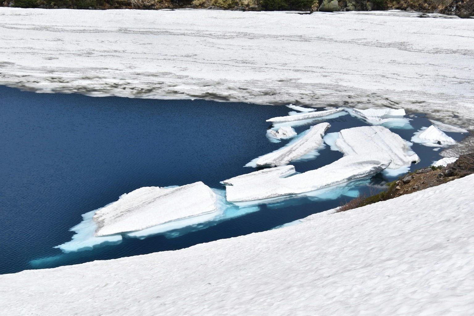 Frammenti di ghiaccio che galleggiano su un lago blu con una riva coperta di neve
