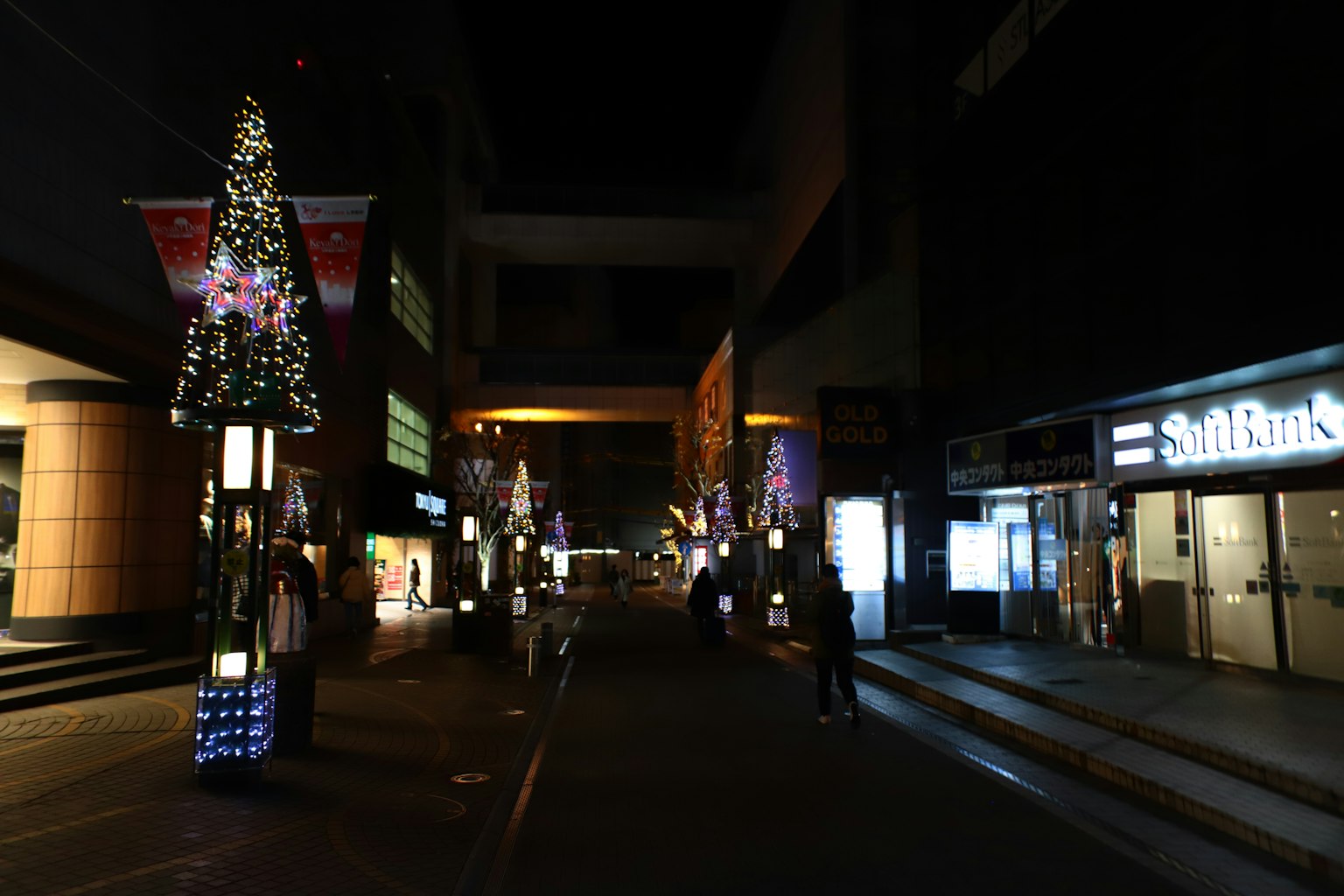 Beleuchtete Straße mit Weihnachtsbäumen bei Nacht