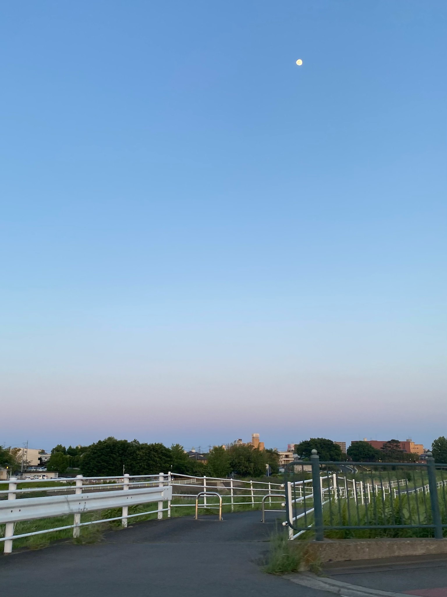 Scenic rural path with blue sky and white fence moon visible in the sky