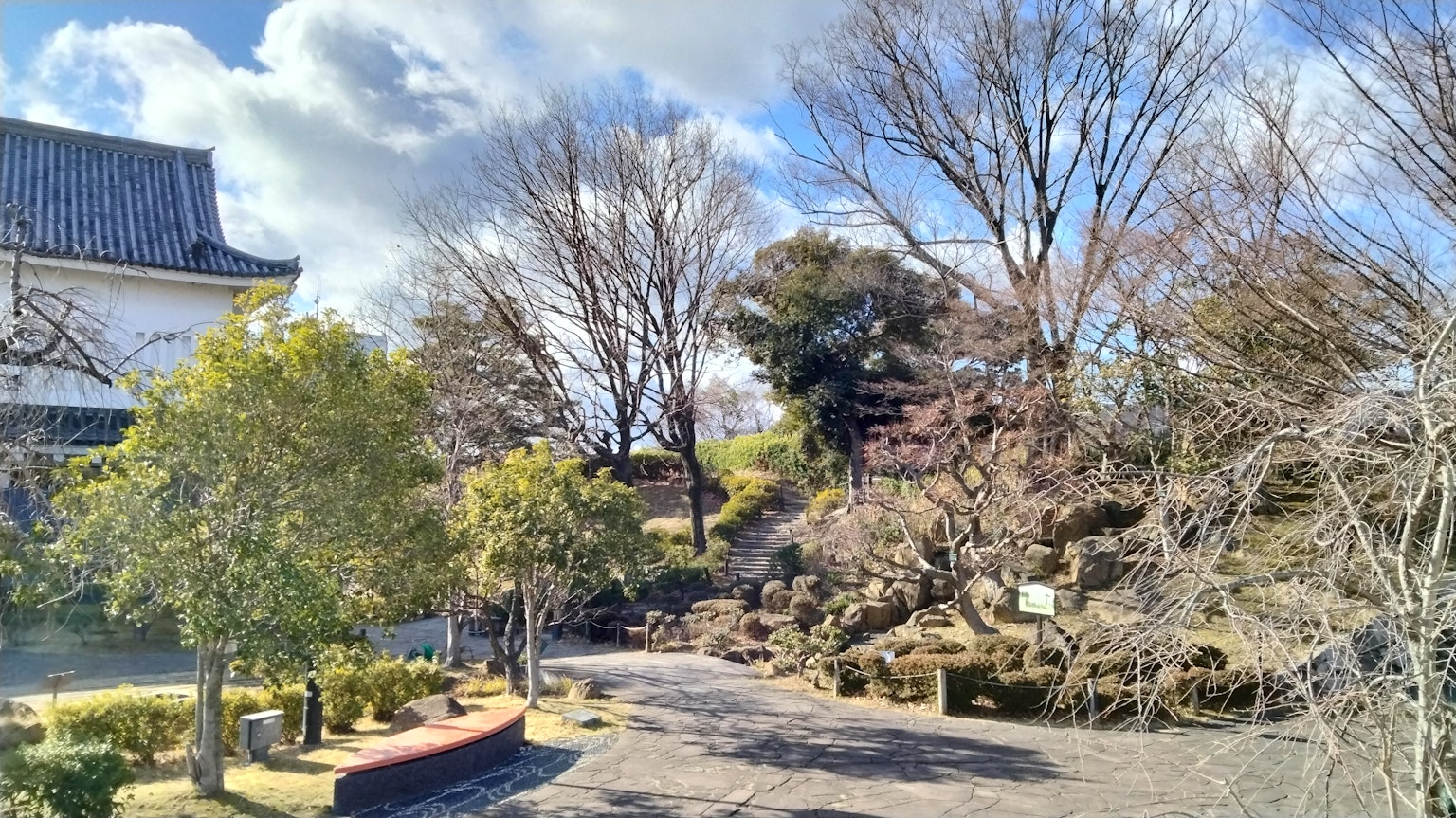 Malersicher Blick auf einen Garten mit Bäumen und einem Weg in einem Park